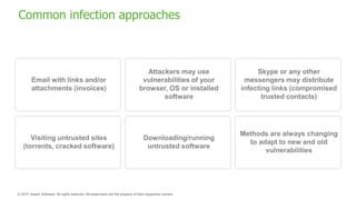 Common infection approaches
Email with links and/or
attachments (invoices)
Visiting untrusted sites
(torrents, cracked software)
Attackers may use
vulnerabilities of your
browser, OS or installed
software
Downloading/running
untrusted software
Methods are always changing
to adapt to new and old
vulnerabilities
Skype or any other
messengers may distribute
infecting links (compromised
trusted contacts)
 