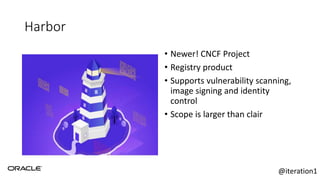 Harbor
• Newer! CNCF Project
• Registry product
• Supports vulnerability scanning,
image signing and identity
control
• Scope is larger than clair
@iteration1
 