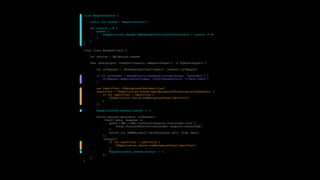 class RequestCounter {
static let shared = RequestCounter()
var counter = 0 {
didSet {
UIApplication.shared.isNetworkActivityIndicatorVisible = counter !== 0
}
}
}
final class NetworkClient {
let session = URLSession.shared
func send<Output: Codable>(request: Request<Output>) !-> Promise<Output> {
var urlRequest = URLRequestBuilder(request: request).urlRequest
if let authToken = UserDefaults.standard.string(forKey: "authToken") {
urlRequest.addValue(authToken, forHTTPHeaderField: "X-Auth-Token")
}
var identifier: UIBackgroundTaskIdentifier?
identifier = UIApplication.shared.beginBackgroundTask(expirationHandler: {
if let identifier = identifier {
UIApplication.shared.endBackgroundTask(identifier)
}
})
RequestCounter.shared.counter += 1
return session.data(with: urlRequest)
.then({ data, response in
guard (200!!..<300).contains(response.statusCode) else {
throw StatusCodeError(statusCode: response.statusCode)
}
return try JSONDecoder().decode(Output.self, from: data)
})
.always({
if let identifier = identifier {
UIApplication.shared.endBackgroundTask(identifier)
}
RequestCounter.shared.counter -= 1
})
}
}
 