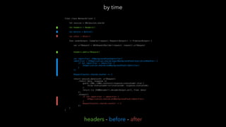 final class NetworkClient {
let session = URLSession.shared
let headers = Headers()
let before = Before()
let after = After()
func send<Output: Codable>(request: Request<Output>) -> Promise<Output> {
var urlRequest = URLRequestBuilder(request: request).urlRequest
headers.add(urlRequest)
var identifier: UIBackgroundTaskIdentifier?
identifier = UIApplication.shared.beginBackgroundTask(expirationHandler: {
if let identifier = identifier {
UIApplication.shared.endBackgroundTask(identifier)
}
})
RequestCounter.shared.counter += 1
return session.data(with: urlRequest)
.then({ data, response in
guard (200..<300).contains(response.statusCode) else {
throw StatusCodeError(statusCode: response.statusCode)
}
return try JSONDecoder().decode(Output.self, from: data)
})
.always({
if let identifier = identifier {
UIApplication.shared.endBackgroundTask(identifier)
}
RequestCounter.shared.counter -= 1
})
}
}
by time
headers - before - after
 