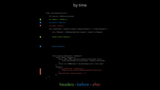 final class NetworkClient {
let session = URLSession.shared
let headers = Headers()
let before = Before()
let after = After()
func send<Output: Codable>(request: Request<Output>) -> Promise<Output> {
var urlRequest = URLRequestBuilder(request: request).urlRequest
headers.add(urlRequest)
before.execute()
return session.data(with: urlRequest)
.then({ data, response in
guard (200..<300).contains(response.statusCode) else {
throw StatusCodeError(statusCode: response.statusCode)
}
return try JSONDecoder().decode(Output.self, from: data)
})
.always({
if let identifier = identifier {
UIApplication.shared.endBackgroundTask(identifier)
}
RequestCounter.shared.counter -= 1
})
}
}
by time
headers - before - after
 