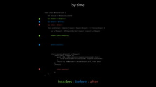 final class NetworkClient {
let session = URLSession.shared
let headers = Headers()
let before = Before()
let after = After()
func send<Output: Codable>(request: Request<Output>) -> Promise<Output> {
var urlRequest = URLRequestBuilder(request: request).urlRequest
headers.add(urlRequest)
before.execute()
return session.data(with: urlRequest)
.then({ data, response in
guard (200..<300).contains(response.statusCode) else {
throw StatusCodeError(statusCode: response.statusCode)
}
return try JSONDecoder().decode(Output.self, from: data)
})
.always({
after.execute()
})
}
}
by time
headers - before - after
 