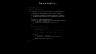 final class NetworkClient { // by responsibility
let session = URLSession.shared
func send<Output: Codable>(request: Request<Output>) -> Promise<Output> {
var urlRequest = URLRequestBuilder(request: request).urlRequest
if let authToken = UserDefaults.standard.string(forKey: "authToken") {
urlRequest.addValue(authToken, forHTTPHeaderField: "X-Auth-Token")
}
var identifier: UIBackgroundTaskIdentifier?
identifier = UIApplication.shared.beginBackgroundTask(expirationHandler: {
if let identifier = identifier {
UIApplication.shared.endBackgroundTask(identifier)
}
})
RequestCounter.shared.counter += 1
return session.data(with: urlRequest)
.then({ data, response in
guard (200..<300).contains(response.statusCode) else {
throw StatusCodeError(statusCode: response.statusCode)
}
return try JSONDecoder().decode(Output.self, from: data)
})
.always({
if let identifier = identifier {
UIApplication.shared.endBackgroundTask(identifier)
}
RequestCounter.shared.counter -= 1
})
}
}
by responsibility
 