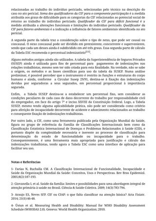 relacionadas ao trabalho do indivíduo periciado, selecionadas pelo técnico na descrição do
caso no ato pericial. Soma dos qualiﬁcadores da CIF para o componente participação é a medida
atribuída aos graus de diﬁculdade para as categorias da CIF relacionadas ao potencial social de
retorno ao trabalho do indivíduo periciado. Qualiﬁcador da CIF para déﬁcit funcional é a
medida atribuída a alterações funcionais e limitações do indivíduo periciado. Qualiﬁcador da
CIF para fatores ambientais é a indicação a inﬂuência de fatores ambientais identiﬁcada no ato
pericial.
A segunda parte da tabela traz a consideração sobre o tipo de nexo, que pode ser causal ou
concausal. O nexo concausal pode ser dividido em preexistente, concorrente e superveniente,
sendo que cada um desses ainda é subdividido em até três graus. Essa segunda parte de cálculo
da Tabela ESC recomenda o percentual indenizatório[11].
Alguns métodos antigos ainda são utilizados. A tabela da Superintendência de Seguros Privados
(SUSEP) ainda é utilizada para ﬁns de percentual para   pagamentos de indenizações nas
relações trabalhistas, mesmo sem ter sido criada para esta ﬁnalidade. Na verdade, não se sabe
a origem, os métodos e as bases cientíﬁcas para uso da tabela da SUSEP. Numa análise
preliminar, é possível perceber que o instrumento é restrito às funções e estruturas do corpo
humano e ainda, conforme  a Circular Susep 29/91, destina-se à ﬁxação das indenizações
devidas por seguradoras a seus segurados, em percentual proporcional à importância
segurada.
Enﬁm,  a Tabela SUSEP destina-se a estabelecer um percentual ﬁxo, sem considerar as
condições peculiares de cada caso de dano decorrente do trabalho por responsabilidade civil
do empregador, em face do artigo 7° e inciso XXVIII da Constituição Federal. Logo, a Tabela
SUSEP, mesmo tendo alguma aplicabilidade prática, não pode ser considerada como critério
para aferição de incapacidade decorrente de acidente e adoecimento relacionados ao trabalho
e consequente ﬁxação de indenizações trabalhistas.
Por outro lado, a CIF, como uma ferramenta publicada pela Organização Mundial da Saúde,
ﬁgura no grupo de referência da Família de Classiﬁcações Internacionais bem como da
Classiﬁcação Estatística Internacional de Doenças e Problemas Relacionados à Saúde (CID), e
portanto dispõe da complexidade necessária e inerente ao processo de classiﬁcação para
determinação do estado de funcionalidade ou incapacidade para o trabalho.
Consequentemente, é uma ferramenta mais apropriada para justiﬁcação e cálculo das
indenizações trabalhistas, tendo agora a Tabela ESC como uma interface de aplicação para
facilitar seu uso.
 
Notas e Referências
1- Farias N, Buchalla CM. A Classiﬁcação Internacional de Funcionalidade, Incapacidade e
Saúde da Organização Mundial da Saúde: Conceitos, Usos e Perspectivas. Rev Bras Epidemiol.
2005;8(2):187-193.
2- Giovanella L et al. Saúde da família: limites e possibilidades para uma abordagem integral de
atenção primária à saúde no Brasil. Ciência & Saúde Coletiva. 2009; 14(3):783-794.
3- Araujo ES, Neves SFP. CIF ou CIAP: o que falta classiﬁcar na atenção básica? Acta Fisiatr.
2014; 21(1):46-48.
4- Üstun et al. Measuring Health and Disability: Manual for WHO Disability Assessment
Schedule (WHODAS 2.0). Geneva: World Health Organization; 2010.
 