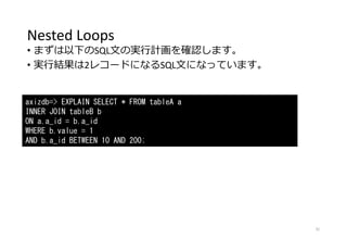 Nested Loops
• まずは以下のSQL文の実行計画を確認します。
• 実行結果は2レコードになるSQL文になっています。
31
axizdb=> EXPLAIN SELECT * FROM tableA a
INNER JOIN tableB b
ON a.a_id = b.a_id
WHERE b.value = 1
AND b.a_id BETWEEN 10 AND 200;
 