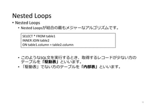 Nested Loops
• Nested Loops
• Nested Loopsが結合の最もメジャーなアルゴリズムです。
• このようなSQL文を実行するとき、取得するレコードが少ない方の
テーブルを「駆動表」といいます。
• 「駆動表」でない方のテーブルを「内部表」といいます。
33
SELECT * FROM table1
INNER JOIN table2
ON table1.column = table2.column
 