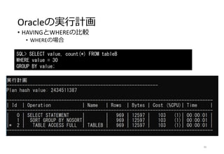 Oracleの実行計画
• HAVINGとWHEREの比較
• WHEREの場合
90
SQL> SELECT value, count(*) FROM tableB
WHERE value = 30
GROUP BY value;
 