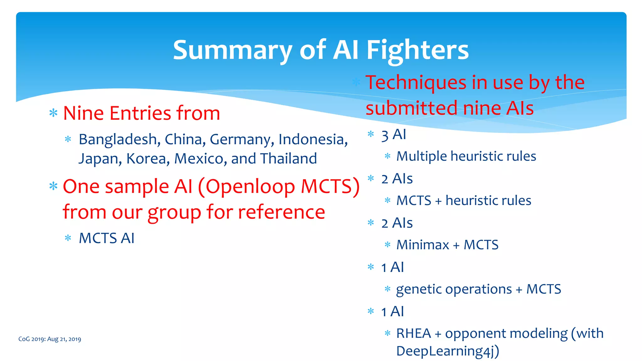  Nine Entries from
 Bangladesh, China, Germany, Indonesia,
Japan, Korea, Mexico, and Thailand
 One sample AI (Openloop MCTS)
from our group for reference
 MCTS AI
Summary of AI Fighters
CoG 2019: Aug 21, 2019
 Techniques in use by the
submitted nine AIs
 3 AI
 Multiple heuristic rules
 2 AIs
 MCTS + heuristic rules
 2 AIs
 Minimax + MCTS
 1 AI
 genetic operations + MCTS
 1 AI
 RHEA + opponent modeling (with
DeepLearning4j)
 