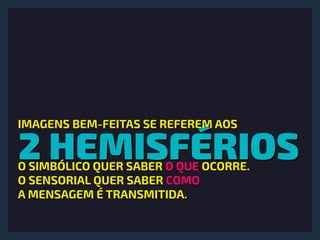 2 HEMISFÉRIOS
IMAGENS BEM-FEITAS SE REFEREM AOS
O SIMBÓLICO QUER SABER O QUE OCORRE.
O SENSORIAL QUER SABER COMO 
A MENSAGEM É TRANSMITIDA.
 