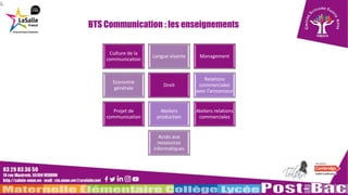 BTS Communication : les enseignements
6
Culture de la
communication
Langue vivante Management
Economie
générale
Droit
Rela...