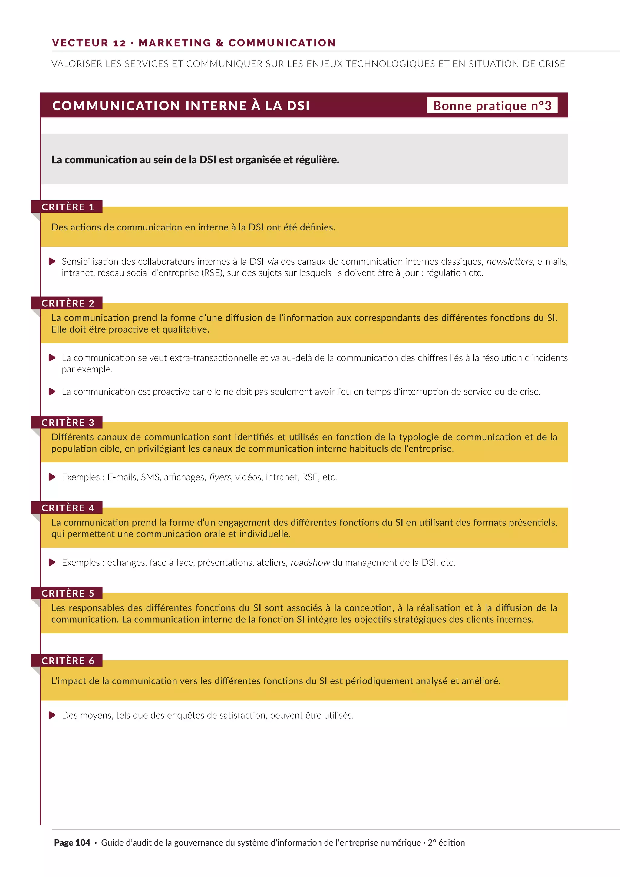 VECTEUR 12 · MARKETING & COMMUNICATION
VALORISER LES SERVICES ET COMMUNIQUER SUR LES ENJEUX TECHNOLOGIQUES ET EN SITUATION DE CRISE
COMMUNICATION INTERNE À LA DSI
La communication au sein de la DSI est organisée et régulière.
Des actions de communication en interne à la DSI ont été définies.
CRITÈRE 1
La communication prend la forme d’une diffusion de l’information aux correspondants des différentes fonctions du SI.
Elle doit être proactive et qualitative.
CRITÈRE 2
Différents canaux de communication sont identifiés et utilisés en fonction de la typologie de communication et de la
population cible, en privilégiant les canaux de communication interne habituels de l’entreprise.
CRITÈRE 3
La communication prend la forme d’un engagement des différentes fonctions du SI en utilisant des formats présentiels,
qui permettent une communication orale et individuelle.
CRITÈRE 4
L’impact de la communication vers les différentes fonctions du SI est périodiquement analysé et amélioré.
CRITÈRE 6
Les responsables des différentes fonctions du SI sont associés à la conception, à la réalisation et à la diffusion de la
communication. La communication interne de la fonction SI intègre les objectifs stratégiques des clients internes.
CRITÈRE 5
Bonne pratique n°3
Sensibilisation des collaborateurs internes à la DSI via des canaux de communication internes classiques, newsletters, e-mails,
intranet, réseau social d’entreprise (RSE), sur des sujets sur lesquels ils doivent être à jour : régulation etc.
La communication se veut extra-transactionnelle et va au-delà de la communication des chiffres liés à la résolution d’incidents
par exemple.
La communication est proactive car elle ne doit pas seulement avoir lieu en temps d’interruption de service ou de crise.
Exemples : E-mails, SMS, affichages, flyers, vidéos, intranet, RSE, etc.
Exemples : échanges, face à face, présentations, ateliers, roadshow du management de la DSI, etc.
Des moyens, tels que des enquêtes de satisfaction, peuvent être utilisés.
Page 104 · Guide d’audit de la gouvernance du système d’information de l’entreprise numérique · 2° édition
►
►
►
►
►
►
 