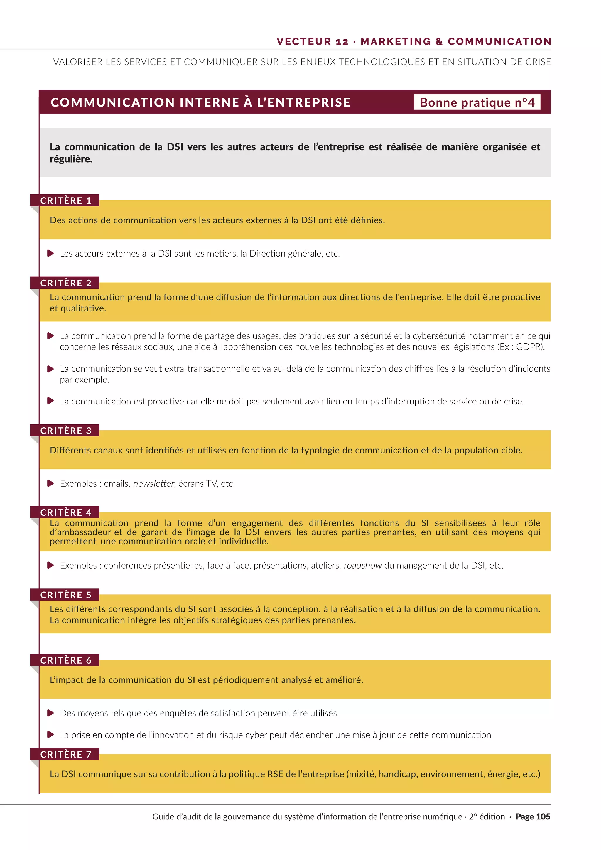 VECTEUR 12 · MARKETING & COMMUNICATION
VALORISER LES SERVICES ET COMMUNIQUER SUR LES ENJEUX TECHNOLOGIQUES ET EN SITUATION DE CRISE
COMMUNICATION INTERNE À L’ENTREPRISE Bonne pratique n°4
La communication de la DSI vers les autres acteurs de l’entreprise est réalisée de manière organisée et
régulière.
Les acteurs externes à la DSI sont les métiers, la Direction générale, etc.
La communication prend la forme de partage des usages, des pratiques sur la sécurité et la cybersécurité notamment en ce qui
concerne les réseaux sociaux, une aide à l’appréhension des nouvelles technologies et des nouvelles législations (Ex : GDPR).
La communication se veut extra-transactionnelle et va au-delà de la communication des chiffres liés à la résolution d’incidents
par exemple.
La communication est proactive car elle ne doit pas seulement avoir lieu en temps d’interruption de service ou de crise.
Exemples : emails, newsletter, écrans TV, etc.
Exemples : conférences présentielles, face à face, présentations, ateliers, roadshow du management de la DSI, etc.
Des moyens tels que des enquêtes de satisfaction peuvent être utilisés.
La prise en compte de l’innovation et du risque cyber peut déclencher une mise à jour de cette communication
Des actions de communication vers les acteurs externes à la DSI ont été définies.
CRITÈRE 1
La communication prend la forme d’une diffusion de l’information aux directions de l'entreprise. Elle doit être proactive
et qualitative.
CRITÈRE 2
Différents canaux sont identifiés et utilisés en fonction de la typologie de communication et de la population cible.
CRITÈRE 3
Les différents correspondants du SI sont associés à la conception, à la réalisation et à la diffusion de la communication.
La communication intègre les objectifs stratégiques des parties prenantes.
CRITÈRE 5
La DSI communique sur sa contribution à la politique RSE de l’entreprise (mixité, handicap, environnement, énergie, etc.)
CRITÈRE 7
La communication prend la forme d’un engagement des différentes fonctions du SI sensibilisées à leur rôle
d’ambassadeur et de garant de l’image de la DSI envers les autres parties prenantes, en utilisant des moyens qui
permettent une communication orale et individuelle.
CRITÈRE 4
L’impact de la communication du SI est périodiquement analysé et amélioré.
CRITÈRE 6
Guide d’audit de la gouvernance du système d’information de l’entreprise numérique · 2° édition · Page 105
►
►
►
►
►
►
►
►
 