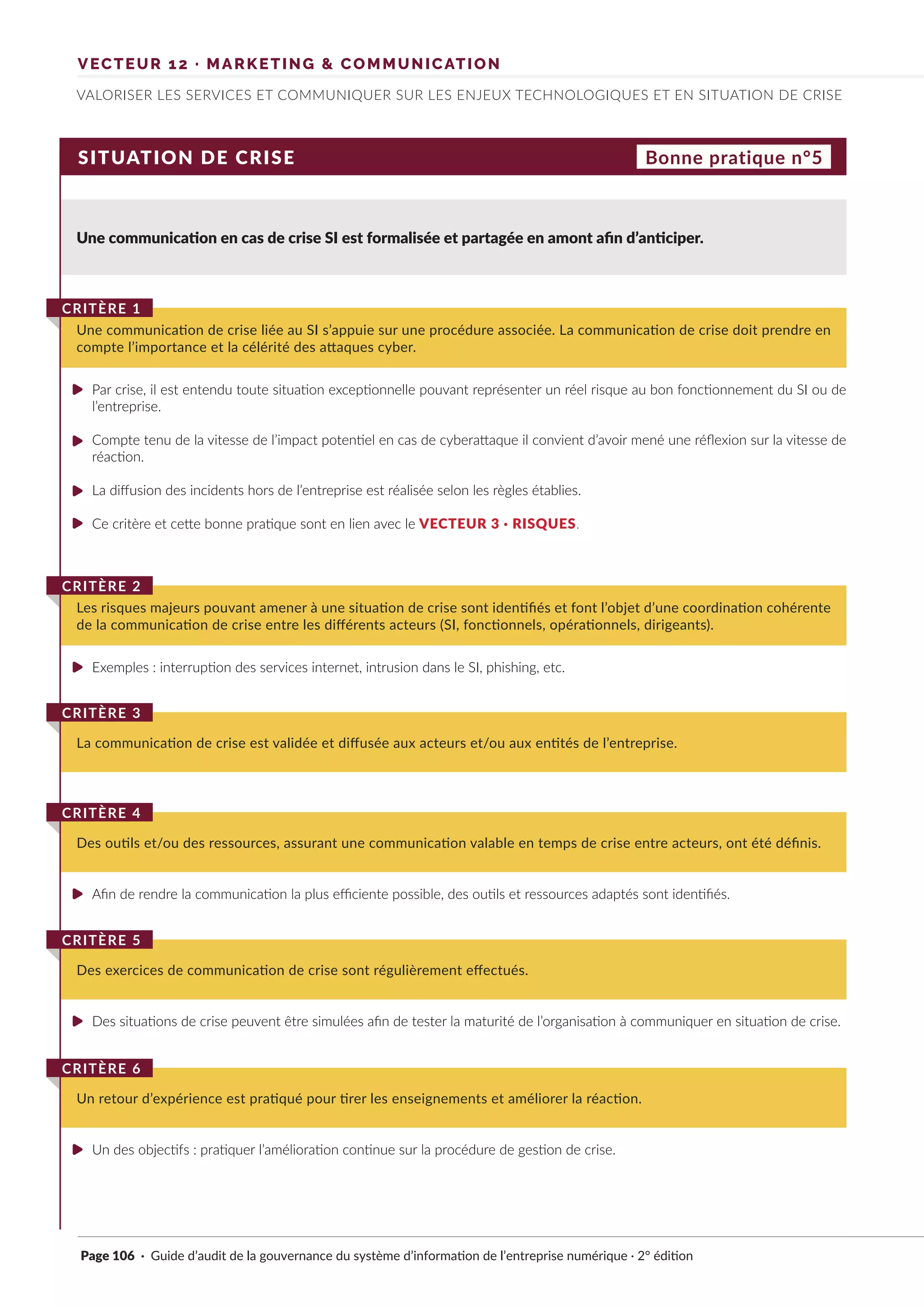 VECTEUR 12 · MARKETING & COMMUNICATION
VALORISER LES SERVICES ET COMMUNIQUER SUR LES ENJEUX TECHNOLOGIQUES ET EN SITUATION DE CRISE
SITUATION DE CRISE
Une communication en cas de crise SI est formalisée et partagée en amont afin d’anticiper.
Une communication de crise liée au SI s’appuie sur une procédure associée. La communication de crise doit prendre en
compte l’importance et la célérité des attaques cyber.
CRITÈRE 1
Les risques majeurs pouvant amener à une situation de crise sont identifiés et font l’objet d’une coordination cohérente
de la communication de crise entre les différents acteurs (SI, fonctionnels, opérationnels, dirigeants).
CRITÈRE 2
Des outils et/ou des ressources, assurant une communication valable en temps de crise entre acteurs, ont été définis.
CRITÈRE 4
Des exercices de communication de crise sont régulièrement effectués.
CRITÈRE 5
Un retour d’expérience est pratiqué pour tirer les enseignements et améliorer la réaction.
CRITÈRE 6
La communication de crise est validée et diffusée aux acteurs et/ou aux entités de l’entreprise.
CRITÈRE 3
Bonne pratique n°5
Par crise, il est entendu toute situation exceptionnelle pouvant représenter un réel risque au bon fonctionnement du SI ou de
l’entreprise.
Compte tenu de la vitesse de l’impact potentiel en cas de cyberattaque il convient d’avoir mené une réflexion sur la vitesse de
réaction.
La diffusion des incidents hors de l’entreprise est réalisée selon les règles établies.
Ce critère et cette bonne pratique sont en lien avec le VECTEUR 3 · RISQUES.
Exemples : interruption des services internet, intrusion dans le SI, phishing, etc.
Afin de rendre la communication la plus efficiente possible, des outils et ressources adaptés sont identifiés.
Des situations de crise peuvent être simulées afin de tester la maturité de l’organisation à communiquer en situation de crise.
Un des objectifs : pratiquer l’amélioration continue sur la procédure de gestion de crise.
Page 106 · Guide d’audit de la gouvernance du système d’information de l’entreprise numérique · 2° édition
►
►
►
►
►
►
►
►
 