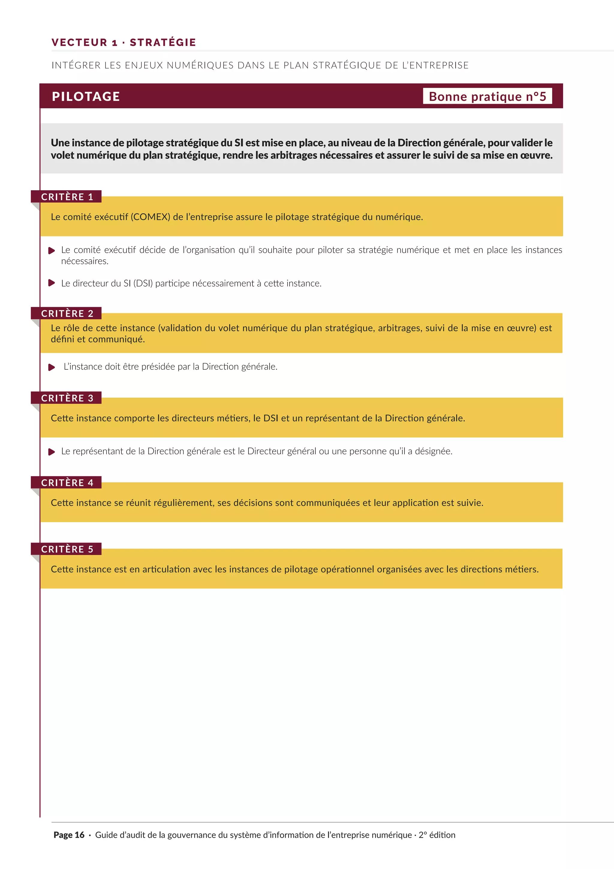 INTÉGRER LES ENJEUX NUMÉRIQUES DANS LE PLAN STRATÉGIQUE DE L’ENTREPRISE
VECTEUR 1 · STRATÉGIE
PILOTAGE
Une instance de pilotage stratégique du SI est mise en place, au niveau de la Direction générale, pour valider le
volet numérique du plan stratégique, rendre les arbitrages nécessaires et assurer le suivi de sa mise en œuvre.
Le comité exécutif décide de l’organisation qu’il souhaite pour piloter sa stratégie numérique et met en place les instances
nécessaires.
Le directeur du SI (DSI) participe nécessairement à cette instance.
Le représentant de la Direction générale est le Directeur général ou une personne qu’il a désignée.
L’instance doit être présidée par la Direction générale.
Le comité exécutif (COMEX) de l’entreprise assure le pilotage stratégique du numérique.
CRITÈRE 1
Cette instance comporte les directeurs métiers, le DSI et un représentant de la Direction générale.
CRITÈRE 3
Le rôle de cette instance (validation du volet numérique du plan stratégique, arbitrages, suivi de la mise en œuvre) est
défini et communiqué.
CRITÈRE 2
Cette instance se réunit régulièrement, ses décisions sont communiquées et leur application est suivie.
CRITÈRE 4
Cette instance est en articulation avec les instances de pilotage opérationnel organisées avec les directions métiers.
CRITÈRE 5
Bonne pratique n°5
Page 16 · Guide d’audit de la gouvernance du système d’information de l’entreprise numérique · 2° édition
►
►
►
►
 