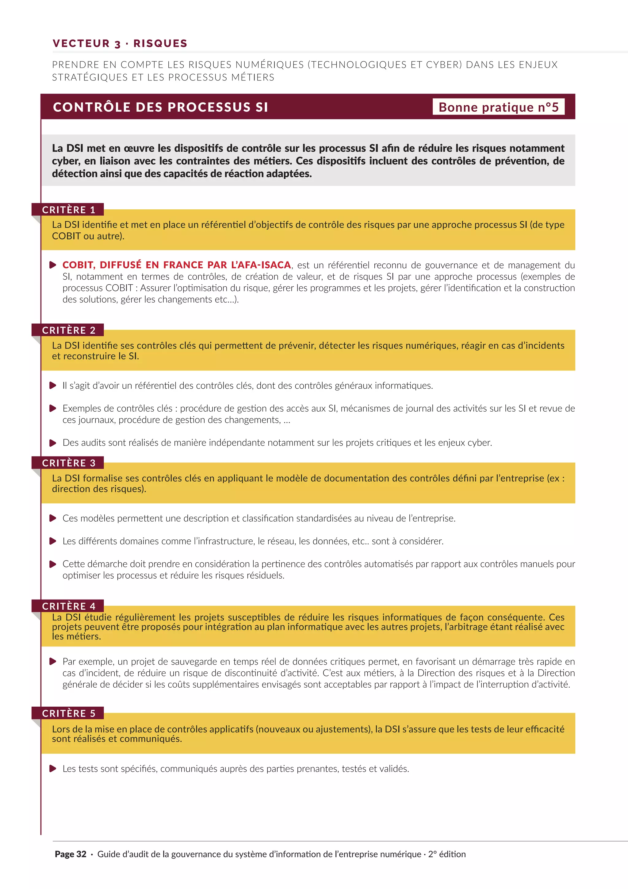 CONTRÔLE DES PROCESSUS SI
La DSI met en œuvre les dispositifs de contrôle sur les processus SI afin de réduire les risques notamment
cyber, en liaison avec les contraintes des métiers. Ces dispositifs incluent des contrôles de prévention, de
détection ainsi que des capacités de réaction adaptées.
COBIT, DIFFUSÉ EN FRANCE PAR L’AFA-ISACA, est un référentiel reconnu de gouvernance et de management du
SI, notamment en termes de contrôles, de création de valeur, et de risques SI par une approche processus (exemples de
processus COBIT : Assurer l’optimisation du risque, gérer les programmes et les projets, gérer l’identification et la construction
des solutions, gérer les changements etc…).
Il s’agit d’avoir un référentiel des contrôles clés, dont des contrôles généraux informatiques.
Exemples de contrôles clés : procédure de gestion des accès aux SI, mécanismes de journal des activités sur les SI et revue de
ces journaux, procédure de gestion des changements, …
Des audits sont réalisés de manière indépendante notamment sur les projets critiques et les enjeux cyber.
Ces modèles permettent une description et classification standardisées au niveau de l’entreprise.
Les différents domaines comme l’infrastructure, le réseau, les données, etc.. sont à considérer.
Cette démarche doit prendre en considération la pertinence des contrôles automatisés par rapport aux contrôles manuels pour
optimiser les processus et réduire les risques résiduels.
Par exemple, un projet de sauvegarde en temps réel de données critiques permet, en favorisant un démarrage très rapide en
cas d’incident, de réduire un risque de discontinuité d’activité. C’est aux métiers, à la Direction des risques et à la Direction
générale de décider si les coûts supplémentaires envisagés sont acceptables par rapport à l’impact de l’interruption d’activité.
Les tests sont spécifiés, communiqués auprès des parties prenantes, testés et validés.
La DSI identifie et met en place un référentiel d’objectifs de contrôle des risques par une approche processus SI (de type
COBIT ou autre).
CRITÈRE 1
La DSI identifie ses contrôles clés qui permettent de prévenir, détecter les risques numériques, réagir en cas d’incidents
et reconstruire le SI.
CRITÈRE 2
La DSI formalise ses contrôles clés en appliquant le modèle de documentation des contrôles défini par l’entreprise (ex :
direction des risques).
CRITÈRE 3
La DSI étudie régulièrement les projets susceptibles de réduire les risques informatiques de façon conséquente. Ces
projets peuvent être proposés pour intégration au plan informatique avec les autres projets, l’arbitrage étant réalisé avec
les métiers.
CRITÈRE 4
Lors de la mise en place de contrôles applicatifs (nouveaux ou ajustements), la DSI s’assure que les tests de leur efficacité
sont réalisés et communiqués.
CRITÈRE 5
Bonne pratique n°5
VECTEUR 3 · RISQUES
PRENDRE EN COMPTE LES RISQUES NUMÉRIQUES (TECHNOLOGIQUES ET CYBER) DANS LES ENJEUX
STRATÉGIQUES ET LES PROCESSUS MÉTIERS
Page 32 · Guide d’audit de la gouvernance du système d’information de l’entreprise numérique · 2° édition
►
►
►
►
►
►
►
►
►
 