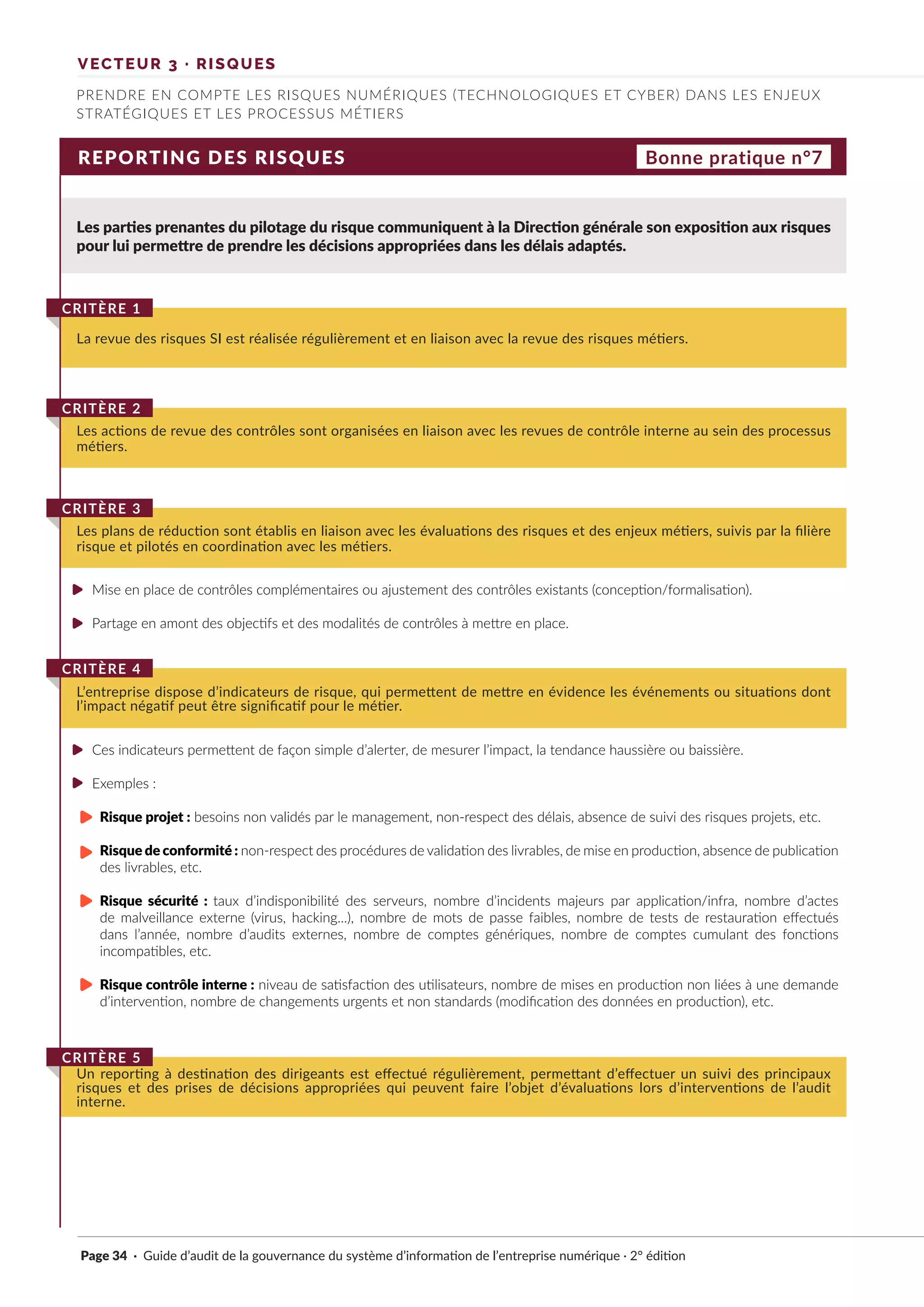 VECTEUR 3 · RISQUES
PRENDRE EN COMPTE LES RISQUES NUMÉRIQUES (TECHNOLOGIQUES ET CYBER) DANS LES ENJEUX
STRATÉGIQUES ET LES PROCESSUS MÉTIERS
REPORTING DES RISQUES
Les parties prenantes du pilotage du risque communiquent à la Direction générale son exposition aux risques
pour lui permettre de prendre les décisions appropriées dans les délais adaptés.
Mise en place de contrôles complémentaires ou ajustement des contrôles existants (conception/formalisation).
Partage en amont des objectifs et des modalités de contrôles à mettre en place.
Ces indicateurs permettent de façon simple d’alerter, de mesurer l’impact, la tendance haussière ou baissière.
Exemples :
Risque projet : besoins non validés par le management, non-respect des délais, absence de suivi des risques projets, etc.
Risque de conformité : non-respect des procédures de validation des livrables, de mise en production, absence de publication
des livrables, etc.
Risque sécurité : taux d’indisponibilité des serveurs, nombre d’incidents majeurs par application/infra, nombre d’actes
de malveillance externe (virus, hacking...), nombre de mots de passe faibles, nombre de tests de restauration effectués
dans l’année, nombre d’audits externes, nombre de comptes génériques, nombre de comptes cumulant des fonctions
incompatibles, etc.
Risque contrôle interne : niveau de satisfaction des utilisateurs, nombre de mises en production non liées à une demande
d’intervention, nombre de changements urgents et non standards (modification des données en production), etc.
La revue des risques SI est réalisée régulièrement et en liaison avec la revue des risques métiers.
CRITÈRE 1
Les actions de revue des contrôles sont organisées en liaison avec les revues de contrôle interne au sein des processus
métiers.
CRITÈRE 2
Les plans de réduction sont établis en liaison avec les évaluations des risques et des enjeux métiers, suivis par la filière
risque et pilotés en coordination avec les métiers.
CRITÈRE 3
L’entreprise dispose d’indicateurs de risque, qui permettent de mettre en évidence les événements ou situations dont
l’impact négatif peut être significatif pour le métier.
CRITÈRE 4
Un reporting à destination des dirigeants est effectué régulièrement, permettant d’effectuer un suivi des principaux
risques et des prises de décisions appropriées qui peuvent faire l’objet d’évaluations lors d’interventions de l’audit
interne.
CRITÈRE 5
Bonne pratique n°7
Page 34 · Guide d’audit de la gouvernance du système d’information de l’entreprise numérique · 2° édition
►
►
►
►
►
►
►
►
 