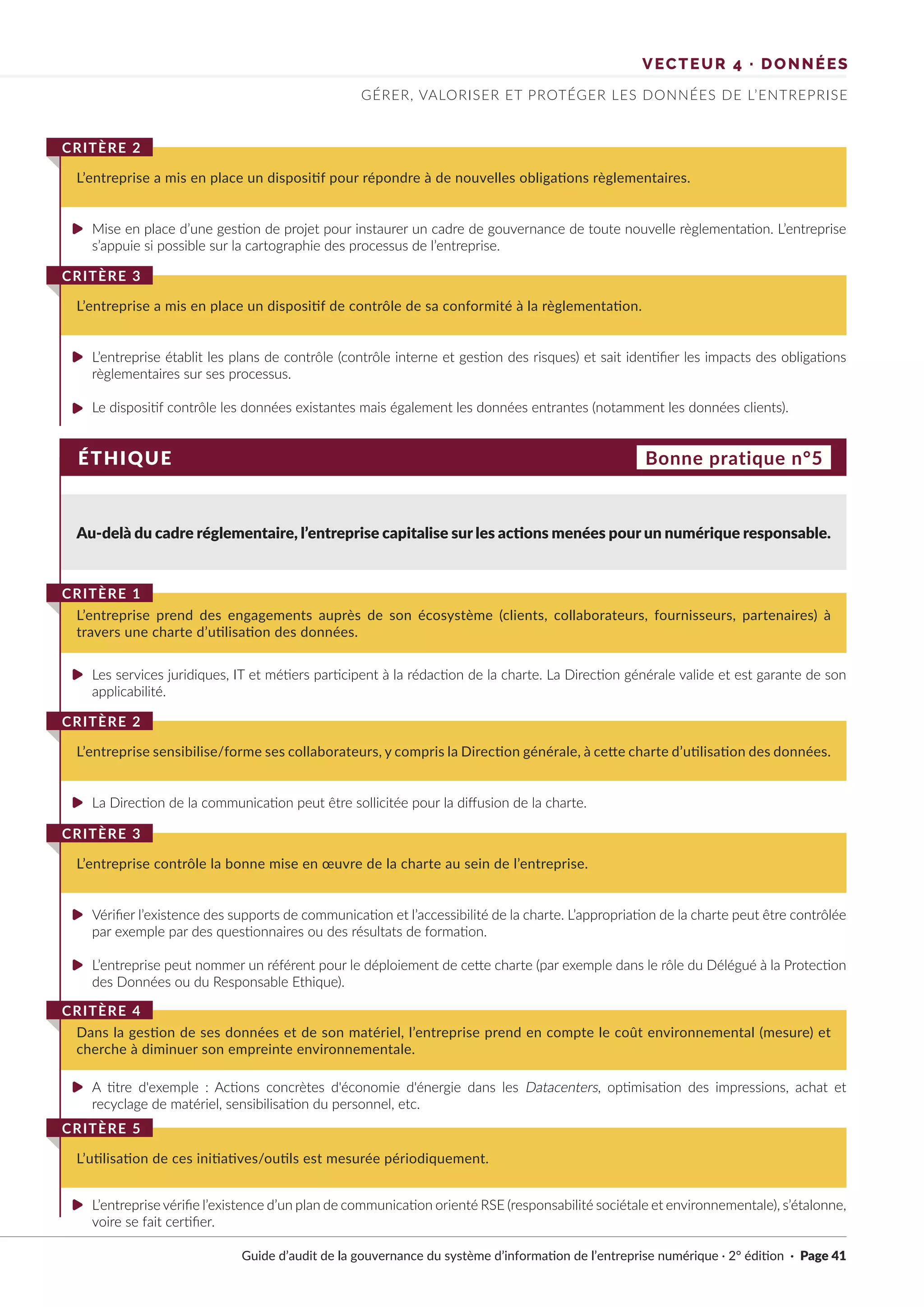 ÉTHIQUE
Au-delà du cadre réglementaire, l’entreprise capitalise sur les actions menées pour un numérique responsable.
Mise en place d’une gestion de projet pour instaurer un cadre de gouvernance de toute nouvelle règlementation. L’entreprise
s’appuie si possible sur la cartographie des processus de l’entreprise.
L’entreprise établit les plans de contrôle (contrôle interne et gestion des risques) et sait identifier les impacts des obligations
règlementaires sur ses processus.
Le dispositif contrôle les données existantes mais également les données entrantes (notamment les données clients).
Les services juridiques, IT et métiers participent à la rédaction de la charte. La Direction générale valide et est garante de son
applicabilité.
La Direction de la communication peut être sollicitée pour la diffusion de la charte.
A titre d'exemple : Actions concrètes d'économie d'énergie dans les Datacenters, optimisation des impressions, achat et
recyclage de matériel, sensibilisation du personnel, etc.
L’entreprise vérifie l’existence d’un plan de communication orienté RSE (responsabilité sociétale et environnementale), s’étalonne,
voire se fait certifier.
Vérifier l’existence des supports de communication et l’accessibilité de la charte. L’appropriation de la charte peut être contrôlée
par exemple par des questionnaires ou des résultats de formation.
L’entreprise peut nommer un référent pour le déploiement de cette charte (par exemple dans le rôle du Délégué à la Protection
des Données ou du Responsable Ethique).
L’entreprise a mis en place un dispositif pour répondre à de nouvelles obligations règlementaires.
CRITÈRE 2
L’entreprise a mis en place un dispositif de contrôle de sa conformité à la règlementation.
CRITÈRE 3
L’entreprise prend des engagements auprès de son écosystème (clients, collaborateurs, fournisseurs, partenaires) à
travers une charte d’utilisation des données.
CRITÈRE 1
L’entreprise sensibilise/forme ses collaborateurs, y compris la Direction générale, à cette charte d’utilisation des données.
CRITÈRE 2
L’entreprise contrôle la bonne mise en œuvre de la charte au sein de l’entreprise.
CRITÈRE 3
L’utilisation de ces initiatives/outils est mesurée périodiquement.
CRITÈRE 5
Dans la gestion de ses données et de son matériel, l’entreprise prend en compte le coût environnemental (mesure) et
cherche à diminuer son empreinte environnementale.
CRITÈRE 4
Bonne pratique n°5
VECTEUR 4 · DONNÉES
GÉRER, VALORISER ET PROTÉGER LES DONNÉES DE L’ENTREPRISE
Guide d’audit de la gouvernance du système d’information de l’entreprise numérique · 2° édition · Page 41
►
►
►
►
►
►
►
►
►
 