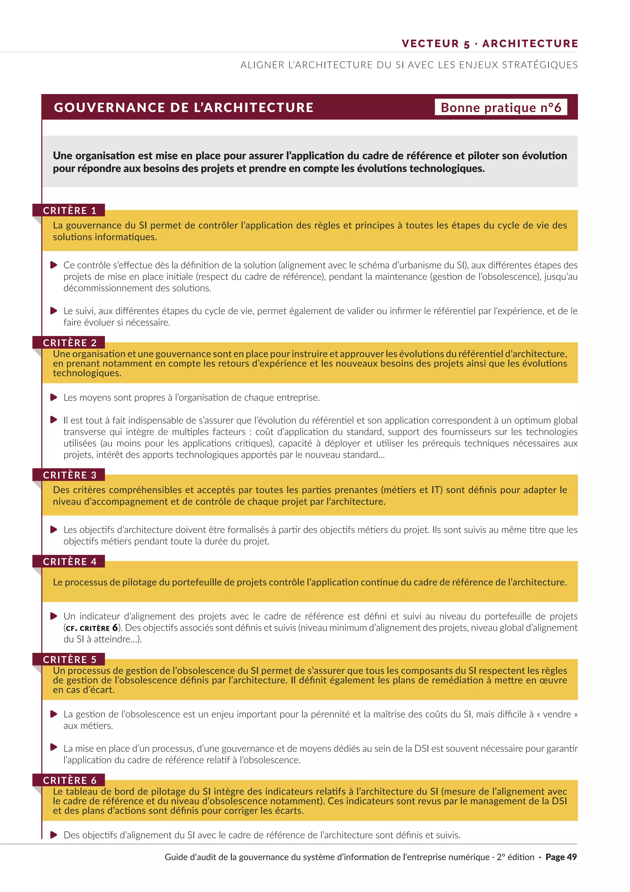 GOUVERNANCE DE L’ARCHITECTURE
Une organisation est mise en place pour assurer l’application du cadre de référence et piloter son évolution
pour répondre aux besoins des projets et prendre en compte les évolutions technologiques.
Ce contrôle s’effectue dès la définition de la solution (alignement avec le schéma d’urbanisme du SI), aux différentes étapes des
projets de mise en place initiale (respect du cadre de référence), pendant la maintenance (gestion de l’obsolescence), jusqu’au
décommissionnement des solutions.
Le suivi, aux différentes étapes du cycle de vie, permet également de valider ou infirmer le référentiel par l’expérience, et de le
faire évoluer si nécessaire.
Les moyens sont propres à l’organisation de chaque entreprise.
Il est tout à fait indispensable de s’assurer que l’évolution du référentiel et son application correspondent à un optimum global
transverse qui intègre de multiples facteurs : coût d’application du standard, support des fournisseurs sur les technologies
utilisées (au moins pour les applications critiques), capacité à déployer et utiliser les prérequis techniques nécessaires aux
projets, intérêt des apports technologiques apportés par le nouveau standard...
Les objectifs d’architecture doivent être formalisés à partir des objectifs métiers du projet. Ils sont suivis au même titre que les
objectifs métiers pendant toute la durée du projet.
Un indicateur d’alignement des projets avec le cadre de référence est défini et suivi au niveau du portefeuille de projets
(cf. critère 6). Des objectifs associés sont définis et suivis (niveau minimum d’alignement des projets, niveau global d’alignement
du SI à atteindre…).
La gestion de l’obsolescence est un enjeu important pour la pérennité et la maîtrise des coûts du SI, mais difficile à « vendre »
aux métiers.
La mise en place d’un processus, d’une gouvernance et de moyens dédiés au sein de la DSI est souvent nécessaire pour garantir
l’application du cadre de référence relatif à l’obsolescence.
Des objectifs d’alignement du SI avec le cadre de référence de l’architecture sont définis et suivis.
La gouvernance du SI permet de contrôler l’application des règles et principes à toutes les étapes du cycle de vie des
solutions informatiques.
CRITÈRE 1
Une organisation et une gouvernance sont en place pour instruire et approuver les évolutions du référentiel d’architecture,
en prenant notamment en compte les retours d’expérience et les nouveaux besoins des projets ainsi que les évolutions
technologiques.
CRITÈRE 2
Des critères compréhensibles et acceptés par toutes les parties prenantes (métiers et IT) sont définis pour adapter le
niveau d’accompagnement et de contrôle de chaque projet par l’architecture.
CRITÈRE 3
Le processus de pilotage du portefeuille de projets contrôle l’application continue du cadre de référence de l’architecture.
CRITÈRE 4
Un processus de gestion de l’obsolescence du SI permet de s’assurer que tous les composants du SI respectent les règles
de gestion de l’obsolescence définis par l’architecture. Il définit également les plans de remédiation à mettre en œuvre
en cas d’écart.
CRITÈRE 5
Le tableau de bord de pilotage du SI intègre des indicateurs relatifs à l’architecture du SI (mesure de l’alignement avec
le cadre de référence et du niveau d’obsolescence notamment). Ces indicateurs sont revus par le management de la DSI
et des plans d’actions sont définis pour corriger les écarts.
CRITÈRE 6
Bonne pratique n°6
VECTEUR 5 · ARCHITECTURE
ALIGNER L’ARCHITECTURE DU SI AVEC LES ENJEUX STRATÉGIQUES
Guide d’audit de la gouvernance du système d’information de l’entreprise numérique · 2° édition · Page 49
►
►
►
►
►
►
►
►
►
 