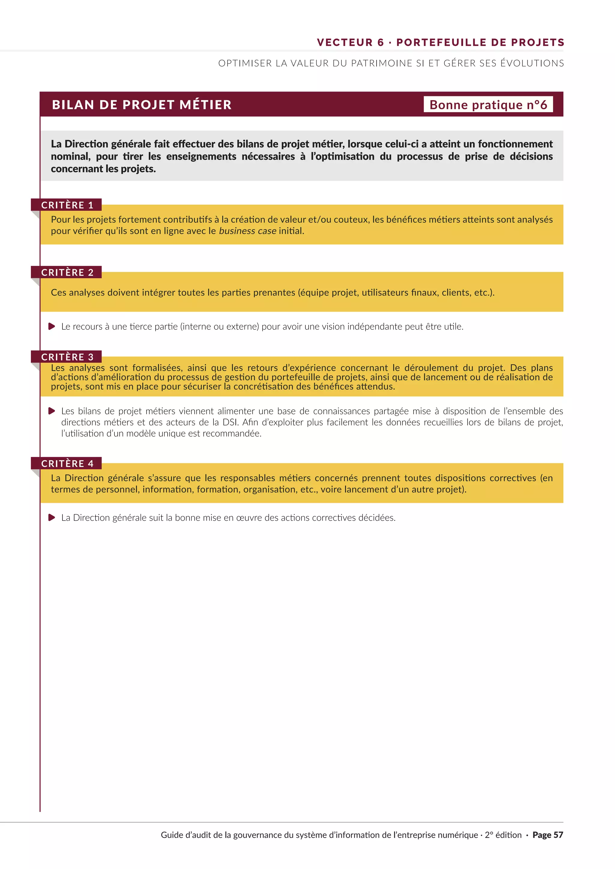 VECTEUR 6 · PORTEFEUILLE DE PROJETS
OPTIMISER LA VALEUR DU PATRIMOINE SI ET GÉRER SES ÉVOLUTIONS
BILAN DE PROJET MÉTIER Bonne pratique n°6
La Direction générale fait effectuer des bilans de projet métier, lorsque celui-ci a atteint un fonctionnement
nominal, pour tirer les enseignements nécessaires à l’optimisation du processus de prise de décisions
concernant les projets.
Le recours à une tierce partie (interne ou externe) pour avoir une vision indépendante peut être utile.
Les bilans de projet métiers viennent alimenter une base de connaissances partagée mise à disposition de l’ensemble des
directions métiers et des acteurs de la DSI. Afin d’exploiter plus facilement les données recueillies lors de bilans de projet,
l’utilisation d’un modèle unique est recommandée.
La Direction générale suit la bonne mise en œuvre des actions correctives décidées.
Pour les projets fortement contributifs à la création de valeur et/ou couteux, les bénéfices métiers atteints sont analysés
pour vérifier qu’ils sont en ligne avec le business case initial.
CRITÈRE 1
Ces analyses doivent intégrer toutes les parties prenantes (équipe projet, utilisateurs finaux, clients, etc.).
CRITÈRE 2
Les analyses sont formalisées, ainsi que les retours d’expérience concernant le déroulement du projet. Des plans
d’actions d’amélioration du processus de gestion du portefeuille de projets, ainsi que de lancement ou de réalisation de
projets, sont mis en place pour sécuriser la concrétisation des bénéfices attendus.
CRITÈRE 3
La Direction générale s’assure que les responsables métiers concernés prennent toutes dispositions correctives (en
termes de personnel, information, formation, organisation, etc., voire lancement d’un autre projet).
CRITÈRE 4
Guide d’audit de la gouvernance du système d’information de l’entreprise numérique · 2° édition · Page 57
►
►
►
 
