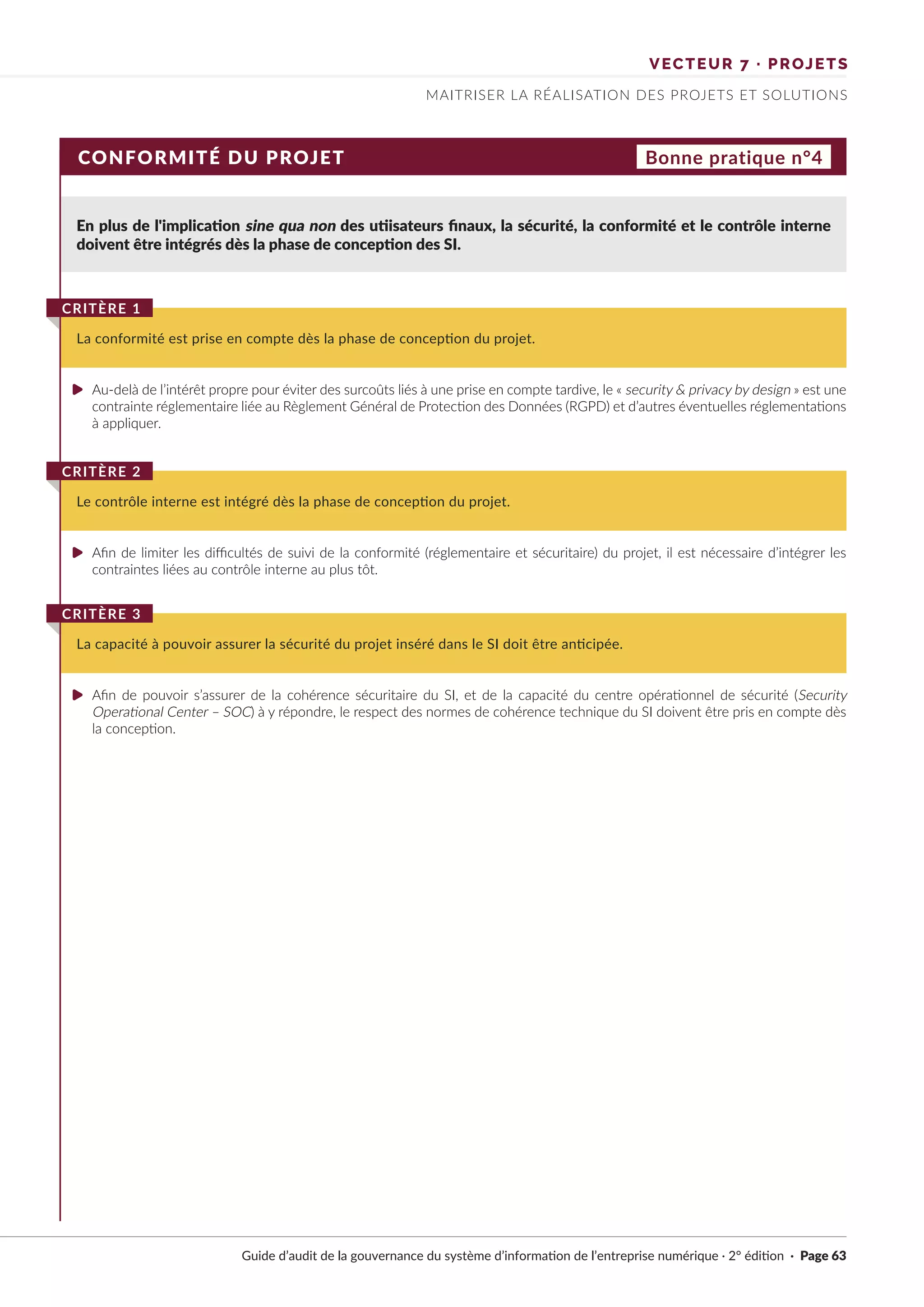 VECTEUR 7 · PROJETS
MAITRISER LA RÉALISATION DES PROJETS ET SOLUTIONS
CONFORMITÉ DU PROJET Bonne pratique n°4
En plus de l'implication sine qua non des utiisateurs finaux, la sécurité, la conformité et le contrôle interne
doivent être intégrés dès la phase de conception des SI.
Au-delà de l’intérêt propre pour éviter des surcoûts liés à une prise en compte tardive, le « security & privacy by design » est une
contrainte réglementaire liée au Règlement Général de Protection des Données (RGPD) et d’autres éventuelles réglementations
à appliquer.
Afin de limiter les difficultés de suivi de la conformité (réglementaire et sécuritaire) du projet, il est nécessaire d’intégrer les
contraintes liées au contrôle interne au plus tôt.
Afin de pouvoir s’assurer de la cohérence sécuritaire du SI, et de la capacité du centre opérationnel de sécurité (Security
Operational Center – SOC) à y répondre, le respect des normes de cohérence technique du SI doivent être pris en compte dès
la conception.
La conformité est prise en compte dès la phase de conception du projet.
CRITÈRE 1
Le contrôle interne est intégré dès la phase de conception du projet.
CRITÈRE 2
La capacité à pouvoir assurer la sécurité du projet inséré dans le SI doit être anticipée.
CRITÈRE 3
Guide d’audit de la gouvernance du système d’information de l’entreprise numérique · 2° édition · Page 63
►
►
►
 