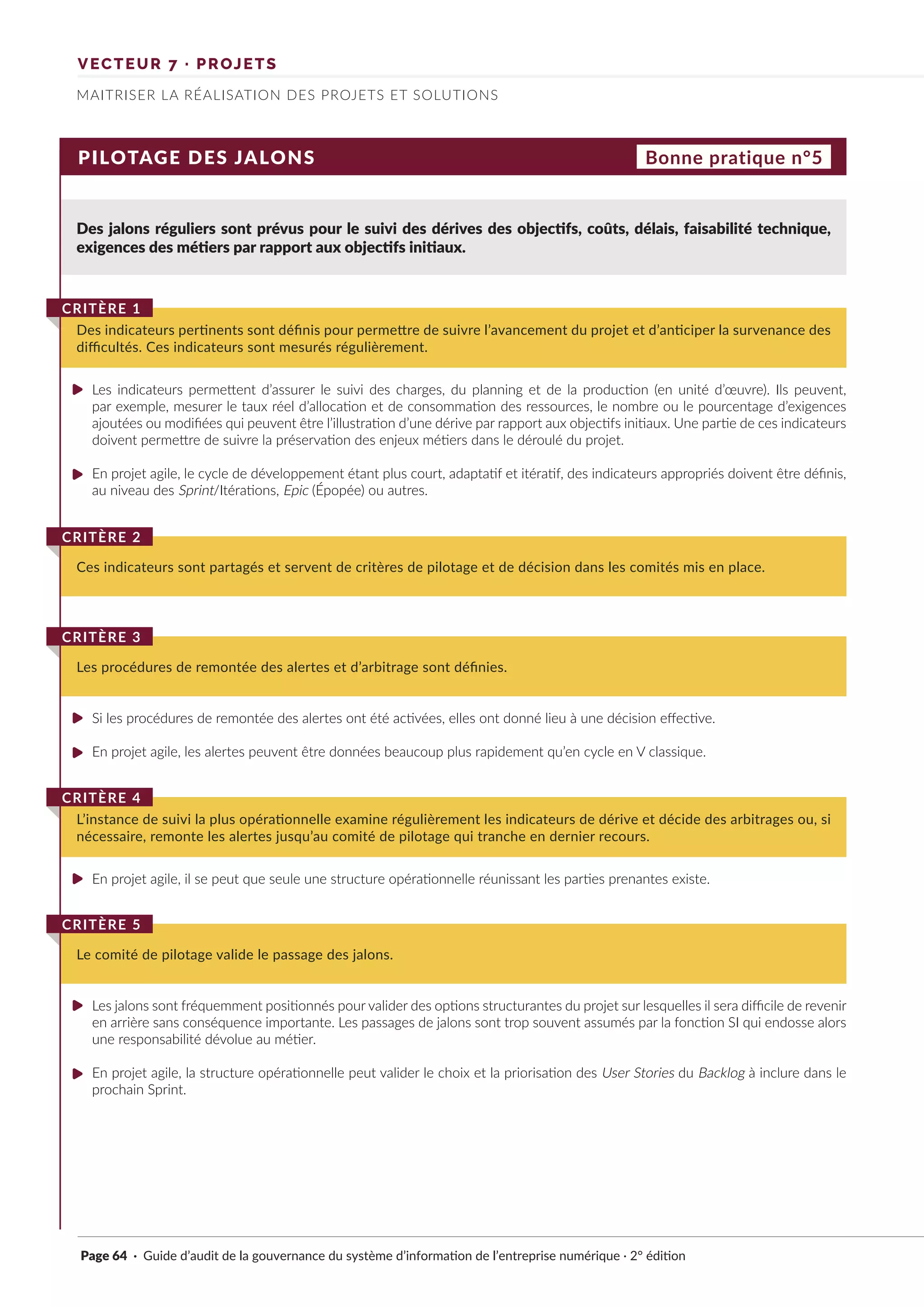 VECTEUR 7 · PROJETS
MAITRISER LA RÉALISATION DES PROJETS ET SOLUTIONS
PILOTAGE DES JALONS
Des jalons réguliers sont prévus pour le suivi des dérives des objectifs, coûts, délais, faisabilité technique,
exigences des métiers par rapport aux objectifs initiaux.
Des indicateurs pertinents sont définis pour permettre de suivre l’avancement du projet et d’anticiper la survenance des
difficultés. Ces indicateurs sont mesurés régulièrement.
CRITÈRE 1
Les procédures de remontée des alertes et d’arbitrage sont définies.
CRITÈRE 3
L’instance de suivi la plus opérationnelle examine régulièrement les indicateurs de dérive et décide des arbitrages ou, si
nécessaire, remonte les alertes jusqu’au comité de pilotage qui tranche en dernier recours.
CRITÈRE 4
Le comité de pilotage valide le passage des jalons.
CRITÈRE 5
Ces indicateurs sont partagés et servent de critères de pilotage et de décision dans les comités mis en place.
CRITÈRE 2
Bonne pratique n°5
Les indicateurs permettent d’assurer le suivi des charges, du planning et de la production (en unité d’œuvre). Ils peuvent,
par exemple, mesurer le taux réel d’allocation et de consommation des ressources, le nombre ou le pourcentage d’exigences
ajoutées ou modifiées qui peuvent être l’illustration d’une dérive par rapport aux objectifs initiaux. Une partie de ces indicateurs
doivent permettre de suivre la préservation des enjeux métiers dans le déroulé du projet.
En projet agile, le cycle de développement étant plus court, adaptatif et itératif, des indicateurs appropriés doivent être définis,
au niveau des Sprint/Itérations, Epic (Épopée) ou autres.
Si les procédures de remontée des alertes ont été activées, elles ont donné lieu à une décision effective.
En projet agile, les alertes peuvent être données beaucoup plus rapidement qu’en cycle en V classique.
En projet agile, il se peut que seule une structure opérationnelle réunissant les parties prenantes existe.
Les jalons sont fréquemment positionnés pour valider des options structurantes du projet sur lesquelles il sera difficile de revenir
en arrière sans conséquence importante. Les passages de jalons sont trop souvent assumés par la fonction SI qui endosse alors
une responsabilité dévolue au métier.
En projet agile, la structure opérationnelle peut valider le choix et la priorisation des User Stories du Backlog à inclure dans le
prochain Sprint.
Page 64 · Guide d’audit de la gouvernance du système d’information de l’entreprise numérique · 2° édition
►
►
►
►
►
►
►
 