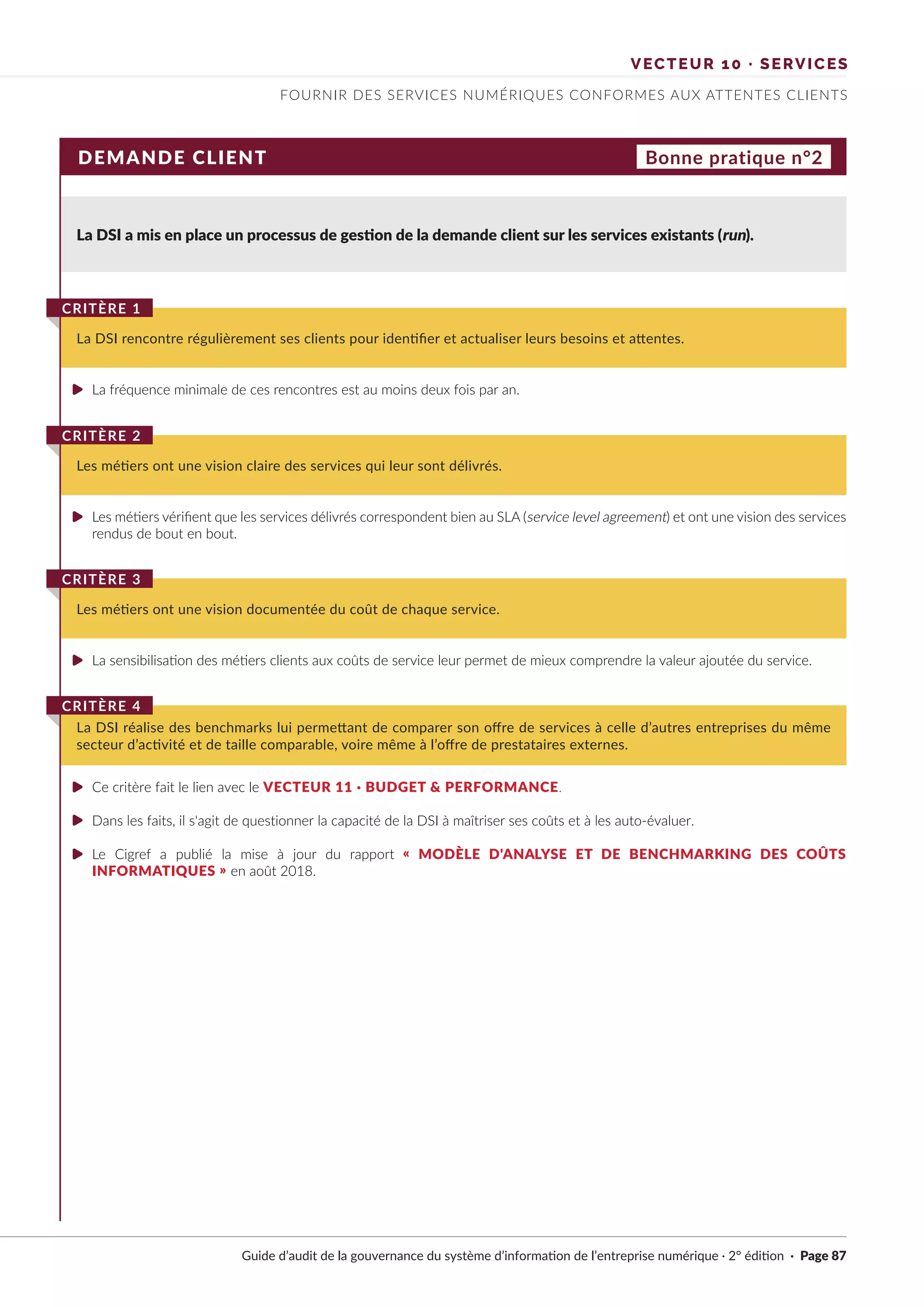 VECTEUR 10 · SERVICES
FOURNIR DES SERVICES NUMÉRIQUES CONFORMES AUX ATTENTES CLIENTS
DEMANDE CLIENT Bonne pratique n°2
La DSI a mis en place un processus de gestion de la demande client sur les services existants (run).
La fréquence minimale de ces rencontres est au moins deux fois par an.
Les métiers vérifient que les services délivrés correspondent bien au SLA (service level agreement) et ont une vision des services
rendus de bout en bout.
Ce critère fait le lien avec le VECTEUR 11 · BUDGET & PERFORMANCE.
Dans les faits, il s'agit de questionner la capacité de la DSI à maîtriser ses coûts et à les auto-évaluer.
Le Cigref a publié la mise à jour du rapport « MODÈLE D'ANALYSE ET DE BENCHMARKING DES COÛTS
INFORMATIQUES » en août 2018.
La sensibilisation des métiers clients aux coûts de service leur permet de mieux comprendre la valeur ajoutée du service.
La DSI rencontre régulièrement ses clients pour identifier et actualiser leurs besoins et attentes.
CRITÈRE 1
Les métiers ont une vision claire des services qui leur sont délivrés.
CRITÈRE 2
La DSI réalise des benchmarks lui permettant de comparer son offre de services à celle d’autres entreprises du même
secteur d’activité et de taille comparable, voire même à l’offre de prestataires externes.
CRITÈRE 4
Les métiers ont une vision documentée du coût de chaque service.
CRITÈRE 3
Guide d’audit de la gouvernance du système d’information de l’entreprise numérique · 2° édition · Page 87
►
►
►
►
►
►
 