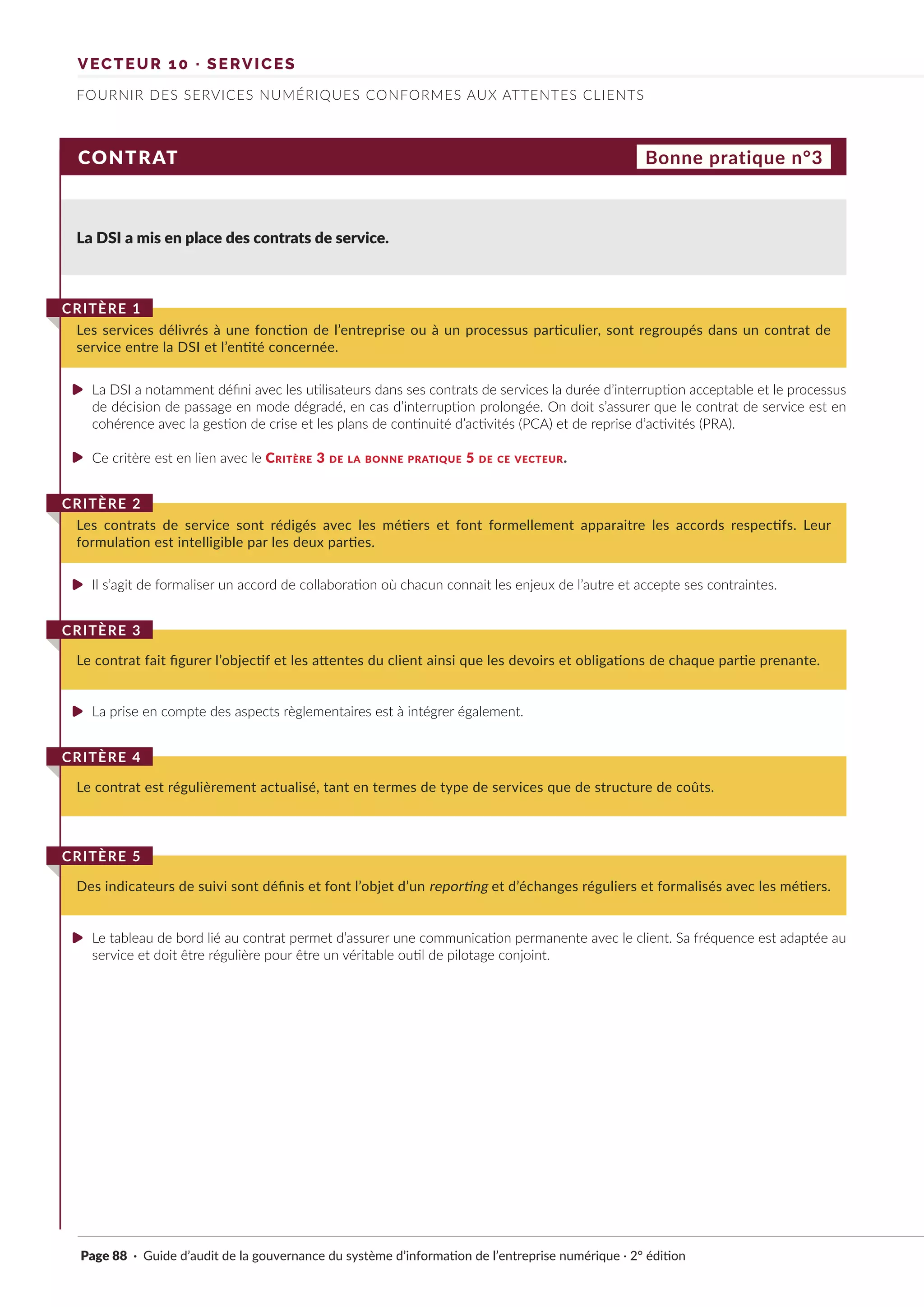 VECTEUR 10 · SERVICES
FOURNIR DES SERVICES NUMÉRIQUES CONFORMES AUX ATTENTES CLIENTS
CONTRAT
La DSI a mis en place des contrats de service.
Les services délivrés à une fonction de l’entreprise ou à un processus particulier, sont regroupés dans un contrat de
service entre la DSI et l’entité concernée.
CRITÈRE 1
Les contrats de service sont rédigés avec les métiers et font formellement apparaitre les accords respectifs. Leur
formulation est intelligible par les deux parties.
CRITÈRE 2
Le contrat fait figurer l’objectif et les attentes du client ainsi que les devoirs et obligations de chaque partie prenante.
CRITÈRE 3
Le contrat est régulièrement actualisé, tant en termes de type de services que de structure de coûts.
CRITÈRE 4
Des indicateurs de suivi sont définis et font l’objet d’un reporting et d’échanges réguliers et formalisés avec les métiers.
CRITÈRE 5
Bonne pratique n°3
La DSI a notamment défini avec les utilisateurs dans ses contrats de services la durée d’interruption acceptable et le processus
de décision de passage en mode dégradé, en cas d’interruption prolongée. On doit s’assurer que le contrat de service est en
cohérence avec la gestion de crise et les plans de continuité d’activités (PCA) et de reprise d’activités (PRA).
Ce critère est en lien avec le Critère 3 de la bonne pratique 5 de ce vecteur.
Il s’agit de formaliser un accord de collaboration où chacun connait les enjeux de l’autre et accepte ses contraintes.
La prise en compte des aspects règlementaires est à intégrer également.
Le tableau de bord lié au contrat permet d’assurer une communication permanente avec le client. Sa fréquence est adaptée au
service et doit être régulière pour être un véritable outil de pilotage conjoint.
Page 88 · Guide d’audit de la gouvernance du système d’information de l’entreprise numérique · 2° édition
►
►
►
►
►
 