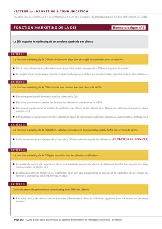 VECTEUR 12 · MARKETING & COMMUNICATION
VALORISER LES SERVICES ET COMMUNIQUER SUR LES ENJEUX TECHNOLOGIQUES ET EN SITUATION DE CRISE
FONCTION MARKETING DE LA DSI
La DSI organise le marketing de ses services auprès de ses clients.
La fonction marketing de la DSI existe et met en place une stratégie de communication structurée.
CRITÈRE 1
La fonction marketing de la DSI construit une relation avec les clients de la DSI.
CRITÈRE 2
La fonction marketing de la DSI définit, valorise, rationalise et commercialise/publie l’offre de services de la DSI.
CRITÈRE 3
La fonction marketing de la DSI gère la satisfaction des clients et utilisateurs.
CRITÈRE 4
Des indicateurs de performance du marketing de la DSI sont définis.
CRITÈRE 5
Bonne pratique n°1
Des « clubs utilisateurs » et des événements autour des projets/services de la DSI sont organisés et animés.
Les projets SI sont accompagnés dans la conduite du changement et dans leur communication opérationnelle vers les utilisateurs.
Elle est responsable de la relation avec les clients de la DSI.
Elle a une connaissance précise des besoins des utilisateurs des services de la DSI.
Elle mesure régulièrement et améliore la satisfaction des clients et des utilisateurs du SI (enquêtes utilisateurs, enquête à chaud
support, etc.)
Elle développe la connaissance clients et utilisateurs (bases de connaissances clients et utilisateurs, segmentations, profilage, etc.).
L’offre de services et le catalogue de services de la DSI sont valorisés auprès des utilisateurs. (CF. VECTEUR 10 · SERVICES).
La qualité de service et l’expérience client sont valorisées auprès des clients et utilisateurs (satisfaction, respect des SLAs,
communication incidents, etc).
Le développement de projets SLAs, la définition et le suivi des engagements de services et la publication de la « météo des
services » (monitoring) peuvent être mis en place.
Exemples : indice de satisfaction client, nombre d’événements clients et utilisateurs organisés, taux d’adhésion aux nouveaux
services.
Page 102 · Guide d’audit de la gouvernance du système d’information de l’entreprise numérique · 2° édition
►
►
►
►
►
►
►
►
►
►
 