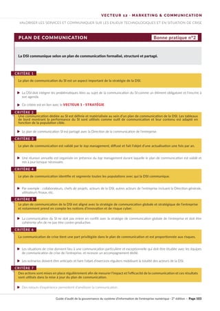 VECTEUR 12 · MARKETING & COMMUNICATION
VALORISER LES SERVICES ET COMMUNIQUER SUR LES ENJEUX TECHNOLOGIQUES ET EN SITUATION DE CRISE
PLAN DE COMMUNICATION Bonne pratique n°2
La DSI communique selon un plan de communication formalisé, structuré et partagé.
La DSI doit intégrer les problématiques liées au sujet de la communication du SI comme un élément obligatoire et l'inscrire à
son agenda.
Ce critère est en lien avec le VECTEUR 1 · STRATÉGIE.
Le plan de communication SI est partagé avec la Direction de la communication de l’entreprise.
Une réunion annuelle est organisée en présence du top management durant laquelle le plan de communication est validé et
mis à jour lorsque nécessaire.
Par exemple : collaborateurs, chefs de projets, acteurs de la DSI, autres acteurs de l’entreprise incluant la Direction générale,
utilisateurs finaux, etc.
La communication du SI ne doit pas entrer en conflit avec la stratégie de communication globale de l’entreprise et doit être
cohérente afin de ne pas être contre-productive.
Les situations de crise donnent lieu à une communication particulière et exceptionnelle qui doit être étudiée avec les équipes
de communication de crise de l’entreprise, et recevoir un accompagnement dédié.
Les scénarios doivent être anticipés et faire l’objet d’exercices réguliers mobilisant la totalité des acteurs de la DSI.
Des retours d’expérience permettent d’améliorer la communication.
Le plan de communication du SI est un aspect important de la stratégie de la DSI.
CRITÈRE 1
Une communication dédiée au SI est définie et matérialisée au sein d’un plan de communication de la DSI. Les tableaux
de bord montrant la performance du SI sont utilisés comme outil de communication et leur contenu est adapté en
fonction de la population cible.
CRITÈRE 2
Le plan de communication est validé par le top management, diffusé et fait l’objet d’une actualisation une fois par an.
CRITÈRE 3
Le plan de communication identifie et segmente toutes les populations avec qui la DSI communique.
CRITÈRE 4
Le plan de communication de la DSI est aligné avec la stratégie de communication globale et stratégique de l’entreprise
et notamment prend en compte les notions d’innovation et de risque cyber.
CRITÈRE 5
La communication de crise tient une part privilégiée dans le plan de communication et est proportionnée aux risques.
CRITÈRE 6
Des actions sont mises en place régulièrement afin de mesurer l’impact et l’efficacité de la communication et ces résultats
sont utilisés dans la mise à jour du plan de communication.
CRITÈRE 7
Guide d’audit de la gouvernance du système d’information de l’entreprise numérique · 2° édition · Page 103
►
►
►
►
►
►
►
►
►
 