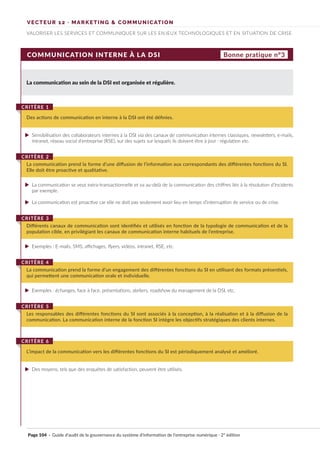 VECTEUR 12 · MARKETING & COMMUNICATION
VALORISER LES SERVICES ET COMMUNIQUER SUR LES ENJEUX TECHNOLOGIQUES ET EN SITUATION DE CRISE
COMMUNICATION INTERNE À LA DSI
La communication au sein de la DSI est organisée et régulière.
Des actions de communication en interne à la DSI ont été définies.
CRITÈRE 1
La communication prend la forme d’une diffusion de l’information aux correspondants des différentes fonctions du SI.
Elle doit être proactive et qualitative.
CRITÈRE 2
Différents canaux de communication sont identifiés et utilisés en fonction de la typologie de communication et de la
population cible, en privilégiant les canaux de communication interne habituels de l’entreprise.
CRITÈRE 3
La communication prend la forme d’un engagement des différentes fonctions du SI en utilisant des formats présentiels,
qui permettent une communication orale et individuelle.
CRITÈRE 4
L’impact de la communication vers les différentes fonctions du SI est périodiquement analysé et amélioré.
CRITÈRE 6
Les responsables des différentes fonctions du SI sont associés à la conception, à la réalisation et à la diffusion de la
communication. La communication interne de la fonction SI intègre les objectifs stratégiques des clients internes.
CRITÈRE 5
Bonne pratique n°3
Sensibilisation des collaborateurs internes à la DSI via des canaux de communication internes classiques, newsletters, e-mails,
intranet, réseau social d’entreprise (RSE), sur des sujets sur lesquels ils doivent être à jour : régulation etc.
La communication se veut extra-transactionnelle et va au-delà de la communication des chiffres liés à la résolution d’incidents
par exemple.
La communication est proactive car elle ne doit pas seulement avoir lieu en temps d’interruption de service ou de crise.
Exemples : E-mails, SMS, affichages, flyers, vidéos, intranet, RSE, etc.
Exemples : échanges, face à face, présentations, ateliers, roadshow du management de la DSI, etc.
Des moyens, tels que des enquêtes de satisfaction, peuvent être utilisés.
Page 104 · Guide d’audit de la gouvernance du système d’information de l’entreprise numérique · 2° édition
►
►
►
►
►
►
 