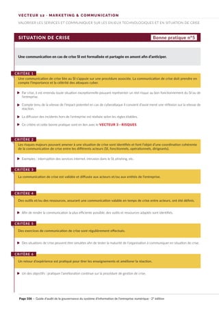 VECTEUR 12 · MARKETING & COMMUNICATION
VALORISER LES SERVICES ET COMMUNIQUER SUR LES ENJEUX TECHNOLOGIQUES ET EN SITUATION DE CRISE
SITUATION DE CRISE
Une communication en cas de crise SI est formalisée et partagée en amont afin d’anticiper.
Une communication de crise liée au SI s’appuie sur une procédure associée. La communication de crise doit prendre en
compte l’importance et la célérité des attaques cyber.
CRITÈRE 1
Les risques majeurs pouvant amener à une situation de crise sont identifiés et font l’objet d’une coordination cohérente
de la communication de crise entre les différents acteurs (SI, fonctionnels, opérationnels, dirigeants).
CRITÈRE 2
Des outils et/ou des ressources, assurant une communication valable en temps de crise entre acteurs, ont été définis.
CRITÈRE 4
Des exercices de communication de crise sont régulièrement effectués.
CRITÈRE 5
Un retour d’expérience est pratiqué pour tirer les enseignements et améliorer la réaction.
CRITÈRE 6
La communication de crise est validée et diffusée aux acteurs et/ou aux entités de l’entreprise.
CRITÈRE 3
Bonne pratique n°5
Par crise, il est entendu toute situation exceptionnelle pouvant représenter un réel risque au bon fonctionnement du SI ou de
l’entreprise.
Compte tenu de la vitesse de l’impact potentiel en cas de cyberattaque il convient d’avoir mené une réflexion sur la vitesse de
réaction.
La diffusion des incidents hors de l’entreprise est réalisée selon les règles établies.
Ce critère et cette bonne pratique sont en lien avec le VECTEUR 3 · RISQUES.
Exemples : interruption des services internet, intrusion dans le SI, phishing, etc.
Afin de rendre la communication la plus efficiente possible, des outils et ressources adaptés sont identifiés.
Des situations de crise peuvent être simulées afin de tester la maturité de l’organisation à communiquer en situation de crise.
Un des objectifs : pratiquer l’amélioration continue sur la procédure de gestion de crise.
Page 106 · Guide d’audit de la gouvernance du système d’information de l’entreprise numérique · 2° édition
►
►
►
►
►
►
►
►
 
