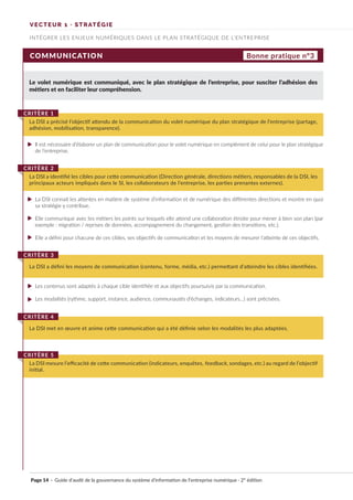 Page 14 · Guide d’audit de la gouvernance du système d’information de l’entreprise numérique · 2° édition
INTÉGRER LES ENJEUX NUMÉRIQUES DANS LE PLAN STRATÉGIQUE DE L’ENTREPRISE
VECTEUR 1 · STRATÉGIE
COMMUNICATION
Le volet numérique est communiqué, avec le plan stratégique de l’entreprise, pour susciter l’adhésion des
métiers et en faciliter leur compréhension.
Il est nécessaire d’élaborer un plan de communication pour le volet numérique en complément de celui pour le plan stratégique
de l’entreprise.
La DSI connait les attentes en matière de système d’information et de numérique des différentes directions et montre en quoi
sa stratégie y contribue.
Elle communique avec les métiers les points sur lesquels elle attend une collaboration étroite pour mener à bien son plan (par
exemple : migration / reprises de données, accompagnement du changement, gestion des transitions, etc.).
Elle a défini pour chacune de ces cibles, ses objectifs de communication et les moyens de mesurer l’atteinte de ces objectifs.
Les contenus sont adaptés à chaque cible identifiée et aux objectifs poursuivis par la communication.
Les modalités (rythme, support, instance, audience, communautés d’échanges, indicateurs…) sont précisées.
La DSI a précisé l’objectif attendu de la communication du volet numérique du plan stratégique de l’entreprise (partage,
adhésion, mobilisation, transparence).
CRITÈRE 1
La DSI a identifié les cibles pour cette communication (Direction générale, directions métiers, responsables de la DSI, les
principaux acteurs impliqués dans le SI, les collaborateurs de l’entreprise, les parties prenantes externes).
CRITÈRE 2
La DSI a défini les moyens de communication (contenu, forme, média, etc.) permettant d’atteindre les cibles identifiées.
CRITÈRE 3
La DSI met en œuvre et anime cette communication qui a été définie selon les modalités les plus adaptées.
CRITÈRE 4
La DSI mesure l’efficacité de cette communication (indicateurs, enquêtes, feedback, sondages, etc.) au regard de l’objectif
initial.
CRITÈRE 5
Bonne pratique n°3
►
►
►
►
►
►
 