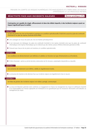 RÉACTIVITE FACE AUX INCIDENTS MAJEURS
L’entreprise est capable de réagir, efficacement et dans des délais impartis, à des incidents majeurs ayant un
impact significatif pour le métier.
Une campagne de revue des plans de crise est réalisée périodiquement
Il est nécessaire de distinguer les plans de continuité d’activité et de reprise d’activité ainsi que les plans de continuité
informatique et de reprise informatique qui ne relèvent pas des mêmes acteurs (Métiers/Direction générale et DSI).
S’assurer que chacun de ces plans est maintenu en condition opérationnelle.
A titre d’exemple : perte ou vol de données, destruction du SI, intrusion, catastrophe industrielle ou naturelle.
La structure de réaction et de décision face aux incidents majeurs est régulièrement mise en œuvre.
La revue de Direction générale vient confirmer un engagement en faveur du management du risque en attribuant l’autorité
et la responsabilité aux niveaux appropriés de l’entreprise et en garantissant que les ressources nécessaires sont allouées au
management du risque.
Le plan de gestion de crise est formalisé et maintenu en condition opérationnelle. Il doit être associé au plan de continuité
d’activité et au plan de reprise d’activité (PCA/PRA).
CRITÈRE 1
Les conditions de déclenchement sont définies et validées en fonction du type d’événements ou d’incidents.
CRITÈRE 2
Les scenarios de traitement sont définis, validés et régulièrement testés.
CRITÈRE 3
Un bilan de gestion des incidents majeurs est réalisé, partagé, communiqué.
CRITÈRE 4
Bonne pratique n°6
VECTEUR 3 · RISQUES
PRENDRE EN COMPTE LES RISQUES NUMÉRIQUES (TECHNOLOGIQUES ET CYBER) DANS LES ENJEUX
STRATÉGIQUES ET LES PROCESSUS MÉTIERS
Guide d’audit de la gouvernance du système d’information de l’entreprise numérique · 2° édition · Page 33
►
►
►
►
►
►
 