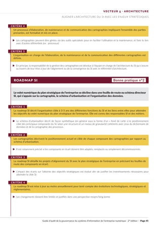 ROADMAP SI
Le volet numérique du plan stratégique de l’entreprise se décline dans une feuille de route ou schéma directeur
SI, qui s’appuie sur la cartographie, le schéma d’urbanisation et l’organisation des données.
Le schéma d'urbanisation décrit de façon synthétique (en général sous la forme d’un « fond de carte ») le positionnement
cible des principaux composants du SI, selon une structure et un niveau de granularité cohérents avec ceux du dictionnaire de
données et de la cartographie des processus.
Il est notamment précisé si les composants en écart doivent être adaptés, remplacés ou simplement décommissionnés.
L’impact des écarts sur l’atteinte des objectifs stratégiques est évalué afin de justifier les investissements nécessaires pour
atteindre la cible SI.
Les changements doivent être limités et justifiés dans une perspective moyen/long terme
Les cartographies peuvent être gérées via des outils spécialisés pour en faciliter l’utilisation et la maintenance, et faire le lien
avec d’autres référentiels (ex : processus)
En principe, la responsabilité de la gestion des cartographies est dévolue à l’équipe en charge de l’architecture du SI qui s’assure
au travers de leur mise à jour de l’alignement ou de la convergence du SI avec le référentiel d’architecture.
La roadmap SI décrit l’organisation cible à 3-5 ans des différentes fonctions du SI et les liens entre elles pour atteindre
les objectifs du volet numérique du plan stratégique de l’entreprise. Elle est connu des responsables SI et des métiers.
CRITÈRE 1
Les cartographies décrivent le positionnement actuel et cible de chaque composant des cartographies par rapport au
schéma d’urbanisation.
CRITÈRE 2
La roadmap SI détaille les projets d’alignement du SI avec le plan stratégique de l’entreprise en précisant les feuilles de
route des composants en écart.
CRITÈRE 3
La roadmap SI est mise à jour au moins annuellement pour tenir compte des évolutions technologiques, stratégiques et
règlementaires.
CRITÈRE 4
Un processus d’élaboration, de maintenance et de communication des cartographies impliquant l’ensemble des parties
prenantes, est formalisé et mis en place.
CRITÈRE 4
L’organisation en charge de l’élaboration, de la maintenance et de la communication des différentes cartographies est
définie.
CRITÈRE 5
Bonne pratique n°2
VECTEUR 5 · ARCHITECTURE
ALIGNER L’ARCHITECTURE DU SI AVEC LES ENJEUX STRATÉGIQUES
Guide d’audit de la gouvernance du système d’information de l’entreprise numérique · 2° édition · Page 45
►
►
►
►
►
►
 