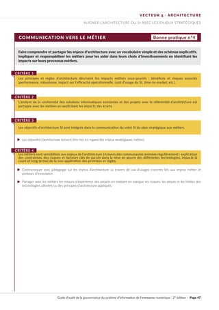 COMMUNICATION VERS LE MÉTIER
Faire comprendre et partager les enjeux d’architecture avec un vocabulaire simple et des schémas explicatifs.
Impliquer et responsabiliser les métiers pour les aider dans leurs choix d’investissements en identifiant les
impacts sur leurs processus métiers.
Les objectifs d’architecture doivent être mis en regard des enjeux stratégiques métiers.
Communiquer avec pédagogie sur les enjeux d’architecture au travers de cas d’usages concrets liés aux enjeux métier et
porteurs d’innovation.
Partager avec les métiers les retours d’expérience des projets en mettant en exergue les risques, les atouts et les limites des
technologies utilisées ou des principes d’architecture appliqués.
Les principes et règles d’architecture décrivent les impacts métiers sous-jacents : bénéfices et risques associés
(performance, robustesse, impact sur l’efficacité opérationnelle, coût d’usage du SI, time-to-market, etc.).
CRITÈRE 1
L’analyse de la conformité des solutions informatiques existantes et des projets avec le référentiel d’architecture est
partagée avec les métiers en explicitant les impacts des écarts.
CRITÈRE 2
Les objectifs d’architecture SI sont intégrés dans la communication du volet SI du plan stratégique aux métiers.
CRITÈRE 3
Les métiers sont sensibilisés aux enjeux de l’architecture à travers des communautés animées régulièrement : explication
des contraintes, des risques et facteurs clés de succès dans la mise en œuvre des différentes technologies, impacts (à
court et long terme) de la non-application des principes et règles.
CRITÈRE 4
Bonne pratique n°4
VECTEUR 5 · ARCHITECTURE
ALIGNER L’ARCHITECTURE DU SI AVEC LES ENJEUX STRATÉGIQUES
Guide d’audit de la gouvernance du système d’information de l’entreprise numérique · 2° édition · Page 47
►
►
►
 