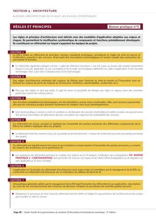 RÈGLES ET PRINCIPES
Les règles et principes d’architecture sont édictés avec des modalités d’application adaptées aux enjeux et
risques. Ils permettent la réutilisation systématique de composants et fonctions préalablement développés.
Ils constituent un référentiel sur lequel s’appuient les équipes de projets.
Le référentiel, également désigné comme « cadre de référence technique », est mis à jour au travers des projets (notamment
lorsqu’il n’est pas applicable ou est incomplet) et de la veille technologique (définition du cadre d’application d’une nouvelle
technologie, mise à jour liée à l’obsolescence d’une technologie).
Plus que des règles en tant que telles, il s’agit de laisser la possibilité de déroger aux règles en vigueur dans des contextes
particuliers (selon des critères précis).
Une bonne pratique consiste à créer et maintenir un dictionnaire des services réutilisables et mettre en place une gouvernance
des services permettant de déterminer dès leur conception les exigences de réutilisabilité des services.
Le référentiel doit être maintenu à jour et accessible facilement (Intranet + moteur de recherche) par toutes les parties prenantes
des projets.
Les évolutions du référentiel prennent en compte leur impact sur le SI existant. L’utilisation des cartographies (CF. BONNE
PRATIQUE 1 · CARTOGRAPHIE) doit permettre de mesurer cet impact et de cibler l’effort d’adaptation ou de migration du
parc applicatif sur le futur standard.
Idéalement, le processus de mise à jour du référentiel doit être défini et intégré à la gouvernance de l’architecture et des projets
pour faciliter sa mise en œuvre.
La DSI a établi un référentiel de principes, normes, standards techniques, procédures et règles de mise en œuvre et
d’utilisation, associés à des services, tirant parti des innovations technologiques et tenant compte des contraintes du
patrimoine SI existant.
CRITÈRE 1
Des règles d’architecture prévoient des espaces de liberté pour favoriser le time-to-market et l’innovation tout en
limitant les risques de perte de maîtrise du SI (sécurité, résilience, maintenabilité, conformité, etc.).
CRITÈRE 2
Des fonctions préalablement développées ont été identifiées comme étant réutilisables. Elles sont dument répertoriées
afin que les nouveaux projets puissent facilement les intégrer dans leurs développements.
CRITÈRE 3
Ce référentiel est connu, accepté et appliqué par l’ensemble des parties prenantes (les différentes composantes de la
DSI et les métiers impliqués dans les projets).
CRITÈRE 4
Ce référentiel est régulièrement mis à jour et ses évolutions communiquées à l’ensemble des parties prenantes, y compris
les impacts des évolutions sur le patrimoine SI.
CRITÈRE 5
L’application et l’évolution du référentiel d’architecture sont supervisées et contrôlées par le management de la DSI. La
conformité au référentiel d’architecture est un indicateur du tableau de bord du SI.
CRITÈRE 6
Une politique générale validée par le management de la DSI régit l’évolution du référentiel et son application : description
du cycle de vie, fonctionnement des instances de décision, livrables et procédures de contrôle qualité associés.
CRITÈRE 7
Bonne pratique n°5
VECTEUR 5 · ARCHITECTURE
ALIGNER L’ARCHITECTURE DU SI AVEC LES ENJEUX STRATÉGIQUES
Page 48 · Guide d’audit de la gouvernance du système d’information de l’entreprise numérique · 2° édition
►
►
►
►
►
►
 