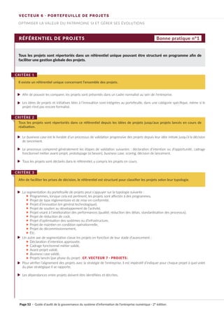 La segmentation du portefeuille de projets peut s’appuyer sur la typologie suivante :
Programmes, lorsque cela est pertinent, les projets sont affectés à des programmes,
Projet de type réglementaire et de mise en conformité,
Projet d’innovation (en général technologique),
Projet de soutien au développement de l’activité,
Projet visant à l’amélioration des performances (qualité, réduction des délais, standardisation des processus),
Projet de réduction de coût,
Projet d’optimisation des systèmes ou d’infrastructure,
Projet de maintien en condition opérationnelle,
Projet de décommissionnement,
Etc.
Un autre axe de segmentation classe les projets en fonction de leur stade d’avancement :
Déclaration d’intention approuvée,
Cadrage fonctionnel métier validé,
Avant-projet validé,
Business case validé,
Projets lancés (par phase du projet : CF. VECTEUR 7 · PROJETS).
Pour vérifier l’alignement des projets avec la stratégie de l’entreprise, il est impératif d’indiquer pour chaque projet à quel volet
du plan stratégique il se rapporte.
Les dépendances entre projets doivent être identifiées et décrites.
RÉFÉRENTIEL DE PROJETS
Tous les projets sont répertoriés dans un référentiel unique pouvant être structuré en programme afin de
faciliter une gestion globale des projets.
Afin de pouvoir les comparer, les projets sont présentés dans un cadre normalisé au sein de l’entreprise.
Les idées de projets et initiatives liées à l’innovation sont intégrées au portefeuille, dans une catégorie spécifique, même si le
projet n’est pas encore formalisé.
Le business case est le livrable d’un processus de validation progressive des projets depuis leur idée initiale jusqu’à la décision
de lancement.
Le processus comprend généralement les étapes de validation suivantes : déclaration d’intention ou d’opportunité, cadrage
fonctionnel métier avant-projet, prototypage (si besoin), business case, scoring, décision de lancement.
Tous les projets sont déclarés dans le référentiel, y compris les projets en cours.
Il existe un référentiel unique concernant l’ensemble des projets.
CRITÈRE 1
Tous les projets sont répertoriés dans ce référentiel depuis les idées de projets jusqu’aux projets lancés en cours de
réalisation.
CRITÈRE 2
Afin de faciliter les prises de décision, le référentiel est structuré pour classifier les projets selon leur typologie.
CRITÈRE 3
Bonne pratique n°1
VECTEUR 6 · PORTEFEUILLE DE PROJETS
OPTIMISER LA VALEUR DU PATRIMOINE SI ET GÉRER SES ÉVOLUTIONS
Page 52 · Guide d’audit de la gouvernance du système d’information de l’entreprise numérique · 2° édition
►
►
►
►
►
►
►
►
►
►
►
►
►
►
►
►
►
►
►
►
►
►
►
►
 