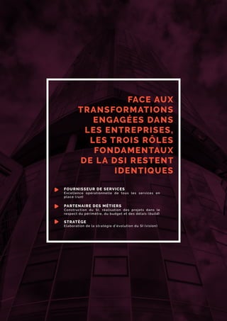 FACE AUX
TRANSFORMATIONS
ENGAGÉES DANS
LES ENTREPRISES,
LES TROIS RÔLES
FONDAMENTAUX
DE LA DSI RESTENT
IDENTIQUES
FOURNISSEUR DE SERVICES
Excellence opérationnelle de tous les services en
place (run)
PARTENAIRE DES MÉTIERS
Construction du SI, réalisation des projets dans le
respect du périmètre, du budget et des délais (build)
STRATÈGE
Elaboration de la stratégie d’évolution du SI (vision)
 