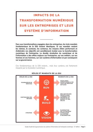 Guide d’audit de la gouvernance du système d’information de l’entreprise numérique · 2° édition · Page 5
IMPACTS DE LA
TRANSFORMATION NUMÉRIQUE
SUR LES ENTREPRISES ET LEUR
SYSTÈME D’INFORMATION
Face aux transformations engagées dans les entreprises, les trois mandats
fondamentaux de la DSI restent identiques. Si ces mandats restent
les mêmes, le contexte, les contenus, les moyens d’être performant et
d’atteindre ces objectifs ont sensiblement évolué avec la transformation
numérique de l’entreprise. La double révolution du numérique et de
l’information a des effets majeurs sur l’entreprise, sur ses métiers, sur ses
femmes et ses hommes, sur son système d’information et par conséquent
sur sa gouvernance.
Ces fondamentaux de la DSI restent... mais leur contenu est fortement
impacté par la révolution numérique.
RUN
BUILD
VISION
RÔLES DE LA DSI
RÔLES ET MANDATS DE LA DSI
FOURNISSEUR DE
SERVICES
EXCELLENCE
OPÉRATIONNELLE DE
TOUS LES SERVICES
EN PLACE
PARTENAIRES DES
MÉTIERS
RÉALISATION DES
PROJETS DANS
LE RESPECT DU
PÉRIMÊTRE DU
BUDGET ET DES
DÉLAIS
STRATÈGE
ÉLABORATION
DE LA STRATÉGIE
D’ÉVOLUTION
DU SYSTÈME
D’INFORMATION
MANDATS DE LA DSI
 