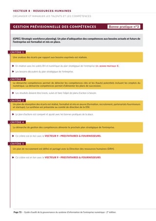 VECTEUR 8 · RESSOURCES HUMAINES
ORGANISER ET MANAGER LES TALENTS ET LES COMPÉTENCES
GESTION PRÉVISIONNELLE DES COMPÉTENCES
(GPEC/Strategic workforce planning). Un plan d’adéquation des compétences aux besoins actuels et futurs de
l’entreprise est formalisé et mis en place.
Une analyse des écarts par rapport aux besoins exprimés est réalisée.
CRITÈRE 1
La démarche compétences permet de détecter les compétences clés et les (hauts) potentiels incluant les emplois du
numérique. La démarche compétences permet d’alimenter les plans de succession.
CRITÈRE 2
Un plan de résorption des écarts est réalisé, formalisé et mis en œuvre (formation, recrutement, partenariats fournisseurs
et startups). La synthèse est présentée au comité de direction de la DSI.
CRITÈRE 3
La démarche de gestion des compétences alimente le prochain plan stratégique de l’entreprise.
CRITÈRE 4
Un plan de recrutement est défini et partagé avec la Direction des ressources humaines (DRH).
CRITÈRE 5
Bonne pratique n°3
En relation avec les volets RH et numérique du plan stratégique de l’entreprise (cf. bonne pratique 1).
Les besoins découlent du plan stratégique de l’entreprise.
Les résultats doivent être tracés, suivis et faire l’objet de plans d’action si besoin.
Le plan d’actions est comparé et ajusté avec les bonnes pratiques de la place.
Ce critère est en lien avec le VECTEUR 9 · PRESTATAIRES & FOURNISSEURS.
Ce critère est en lien avec le VECTEUR 9 · PRESTATAIRES & FOURNISSEURS.
Page 72 · Guide d’audit de la gouvernance du système d’information de l’entreprise numérique · 2° édition
►
►
►
►
►
►
 