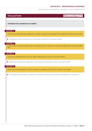 VECTEUR 8 · RESSOURCES HUMAINES
ORGANISER ET MANAGER LES TALENTS ET LES COMPÉTENCES
ÉVALUATION Bonne pratique n°4
L’évaluation des compétences est réalisée.
Le processus est fait une fois par an au minimum (par exemple lors de l’entretien annuel).
Vérifier que l’ensemble des collaborateurs a fait l’objet d’une évaluation au moins une fois dans l’année.
Les résultats de cette analyse sont utilisés pour améliorer les processus d’évaluation des compétences de l’année N+1.
Sur la base du référentiel des compétences, il existe un processus d’évaluation des compétences présentes dans la DSI.
CRITÈRE 1
La DSI utilise les outils d’évaluation RH de l’entreprise dans le respect des contraintes réglementaires (sécurité, RGPD,
etc.).
CRITÈRE 2
Le processus d’évaluation est suivi, fait l’objet d’indicateurs et, si besoin, d’un plan d’action.
CRITÈRE 3
Un processus de capitalisation a été mis en place. La pertinence des indicateurs utilisés est analysée.
CRITÈRE 4
Guide d’audit de la gouvernance du système d’information de l’entreprise numérique · 2° édition · Page 73
►
►
►
 