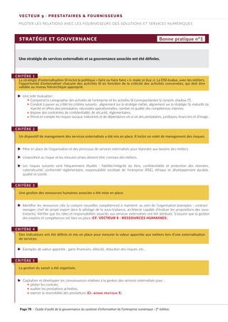 VECTEUR 9 · PRESTATAIRES & FOURNISSEURS
PILOTER LES RELATIONS AVEC LES FOURNISSEURS DES SOLUTIONS ET SERVICES NUMÉRIQUES
STRATÉGIE ET GOUVERNANCE
Une stratégie de services externalisés et sa gouvernance associée ont été définies.
La stratégie d’externalisation SI inclut la politique « faire ou faire faire » (« make or buy »). La DSI évalue, avec les métiers,
l’opportunité d’externaliser chacune des activités SI en fonction de la criticité des activités concernées, qui doit être
validée au niveau hiérarchique approprié.
CRITÈRE 1
Un dispositif de management des services externalisés a été mis en place. Il inclut un volet de management des risques.
CRITÈRE 2
Une gestion des ressources humaines associée a été mise en place.
CRITÈRE 3
Des indicateurs ont été définis et mis en place pour mesurer la valeur apportée aux métiers lors d’une externalisation
de services.
CRITÈRE 4
La gestion du savoir a été organisée.
CRITÈRE 5
Bonne pratique n°1
Une telle évaluation :
Comprend la cartographie des activités de l’entreprise et les activités SI correspondantes (y compris shadow IT),
Conduit à passer au crible les critères suivants : alignement sur la stratégie métier, alignement sur la stratégie SI, maturité du
marché et offres des prestataires, nécessités opérationnelles, nombre et qualité des compétences internes,
Impose des contraintes de confidentialité, de sécurité, réglementaires,
Prend en compte les risques sociaux, industriels et de dépendance vis-à-vis des prestataires, juridiques, financiers et d’image.
Mise en place de l’organisation et des processus de services externalisés pour répondre aux besoins des métiers.
L’exposition au risque et les mesures prises doivent être connues des métiers.
Les risques suivants sont fréquemment étudiés : fiabilité/intégrité du tiers, confidentialité et protection des données,
cybersécurité, conformité réglementaire, responsabilité sociétale de l’entreprise (RSE), éthique et développement durable,
qualité et sûreté.
Identifier les ressources clés (y compris nouvelles compétences) à maintenir au sein de l’organisation (exemples : contract
manager, chef de projet expert dans le pilotage de la sous-traitance, architecte capable d’évaluer les propositions des sous-
traitants). Vérifier que les rôles et responsabilités associés aux services externalisés ont été attribués. S’assurer que la gestion
des emplois et compétences est bien en place (CF. VECTEUR 8 · RESSOURCES HUMAINES).
Exemples de valeur apportée : gains financiers, vélocité, réduction des risques, etc…
Capitaliser et développer les connaissances relatives à la gestion des services externalisés pour :
piloter les contrats,
auditer les prestations achetées,
exercer la réversibilité des prestations (Cf. bonne pratique 5).
Page 78 · Guide d’audit de la gouvernance du système d’information de l’entreprise numérique · 2° édition
►
►
►
►
►
►
►
►
►
►
►
►
►
►
 