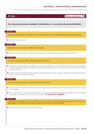 VECTEUR 9 · PRESTATAIRES & FOURNISSEURS
PILOTER LES RELATIONS AVEC LES FOURNISSEURS DES SOLUTIONS ET SERVICES NUMÉRIQUES
ÉTUDE Bonne pratique n°2
Pour chacune des prestations candidates à l’externalisation, il y a eu une étude d’opportunité/faisabilité.
Y compris des benchmarks.
Analyse de la documentation, du niveau de compétence, de l’obsolescence du système, de la dette technique, etc.
Objet, gains / coûts tangibles et intangibles : les incidences quantifiables et non quantifiables financièrement pour l’intégration,
l’interopérabilité, la réversibilité des offres ainsi que les coûts supplémentaires liés au niveau de sécurisation à atteindre doivent
être pris en compte.
Le plan d’affaires doit également faire apparaître les gains générés au sein des métiers : éléments de comparaison pertinents
(interne / externe) et estimation du ROI.
Les risques sont cartographiés (y compris ceux liés à la cybersécurité). Un plan d’atténuation des risques existe, mis en œuvre
et est maintenu.
Pour les offres cloud, les risques sont à différencier selon le degré de sensibilité des données concernées et selon qu’il s’agit de
cloud public, de cloud privé externe, ou de cloud hybride. (CF. VECTEUR 4 · DONNÉES).
Sur la base du business case et de l’analyse de risques.
Concernant la prestation à externaliser, il existe des études de marché et d’identification de prestataires potentiels.
CRITÈRE 1
Il existe une analyse des forces / faiblesses de l’existant.
CRITÈRE 2
Il existe un business case relatif à l’externalisation d’une activité.
CRITÈRE 3
Il existe une analyse de risques concernant l’activité à externaliser.
CRITÈRE 4
La décision d’externaliser une activité métier est prise par le métier en associant systématiquement la DSI. La décision
d’externaliser une activité propre à la DSI est prise par la DSI en y associant les métiers.
CRITÈRE 5
Guide d’audit de la gouvernance du système d’information de l’entreprise numérique · 2° édition · Page 79
►
►
►
►
►
►
►
 