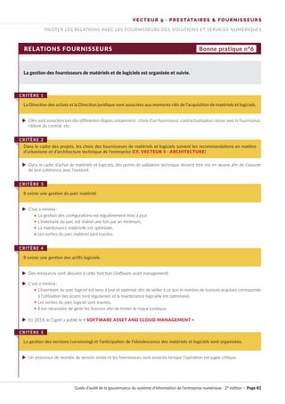 VECTEUR 9 · PRESTATAIRES & FOURNISSEURS
PILOTER LES RELATIONS AVEC LES FOURNISSEURS DES SOLUTIONS ET SERVICES NUMÉRIQUES
RELATIONS FOURNISSEURS Bonne pratique n°6
La gestion des fournisseurs de matériels et de logiciels est organisée et suivie.
Elles sont associées lors des différentes étapes, notamment : choix d’un fournisseur, contractualisation, revue avec le fournisseur,
clôture du contrat, etc.
Dans le cadre d’achat de matériels et logiciels, des points de validation technique doivent être mis en œuvre afin de s’assurer
de leur cohérence avec l’existant.
Un processus de montée de version existe et les fournisseurs sont associés lorsque l’opération est jugée critique.
Des ressources sont allouées à cette fonction (Software asset management).
C’est a minima :
L’inventaire du parc logiciel est tenu à jour et optimisé afin de veiller à ce que le nombre de licences acquises corresponde
à l’utilisation (les écarts sont régularisés et la maintenance logicielle est optimisée),
Les sorties du parc logiciel sont tracées,
Il est nécessaire de gérer les licences afin de limiter le risque juridique.
En 2018, le Cigref a publié le « SOFTWARE ASSET AND CLOUD MANAGEMENT ».
C’est a minima :
La gestion des configurations est régulièrement mise à jour,
L’inventaire du parc est réalisé une fois par an minimum,
La maintenance matérielle est optimisée,
Les sorties du parc matériel sont tracées.
La Direction des achats et la Direction juridique sont associées aux moments clés de l’acquisition de matériels et logiciels.
CRITÈRE 1
Dans le cadre des projets, les choix des fournisseurs de matériels et logiciels suivent les recommandations en matière
d’urbanisme et d’architecture technique de l’entreprise (CF. VECTEUR 5 · ARCHITECTURE)
CRITÈRE 2
La gestion des versions (versioning) et l’anticipation de l’obsolescence des matériels et logiciels sont organisées.
CRITÈRE 5
Il existe une gestion des actifs logiciels.
CRITÈRE 4
Il existe une gestion du parc matériel.
CRITÈRE 3
Guide d’audit de la gouvernance du système d’information de l’entreprise numérique · 2° édition · Page 83
►
►
►
►
►
►
►
..
..
..
..
..
..
..
 