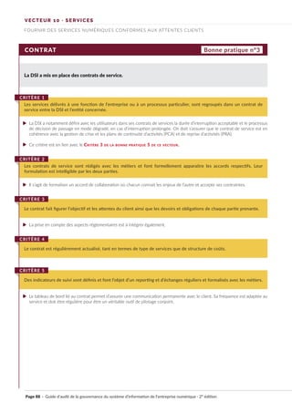 VECTEUR 10 · SERVICES
FOURNIR DES SERVICES NUMÉRIQUES CONFORMES AUX ATTENTES CLIENTS
CONTRAT
La DSI a mis en place des contrats de service.
Les services délivrés à une fonction de l’entreprise ou à un processus particulier, sont regroupés dans un contrat de
service entre la DSI et l’entité concernée.
CRITÈRE 1
Les contrats de service sont rédigés avec les métiers et font formellement apparaitre les accords respectifs. Leur
formulation est intelligible par les deux parties.
CRITÈRE 2
Le contrat fait figurer l’objectif et les attentes du client ainsi que les devoirs et obligations de chaque partie prenante.
CRITÈRE 3
Le contrat est régulièrement actualisé, tant en termes de type de services que de structure de coûts.
CRITÈRE 4
Des indicateurs de suivi sont définis et font l’objet d’un reporting et d’échanges réguliers et formalisés avec les métiers.
CRITÈRE 5
Bonne pratique n°3
La DSI a notamment défini avec les utilisateurs dans ses contrats de services la durée d’interruption acceptable et le processus
de décision de passage en mode dégradé, en cas d’interruption prolongée. On doit s’assurer que le contrat de service est en
cohérence avec la gestion de crise et les plans de continuité d’activités (PCA) et de reprise d’activités (PRA).
Ce critère est en lien avec le Critère 3 de la bonne pratique 5 de ce vecteur.
Il s’agit de formaliser un accord de collaboration où chacun connait les enjeux de l’autre et accepte ses contraintes.
La prise en compte des aspects règlementaires est à intégrer également.
Le tableau de bord lié au contrat permet d’assurer une communication permanente avec le client. Sa fréquence est adaptée au
service et doit être régulière pour être un véritable outil de pilotage conjoint.
Page 88 · Guide d’audit de la gouvernance du système d’information de l’entreprise numérique · 2° édition
►
►
►
►
►
 