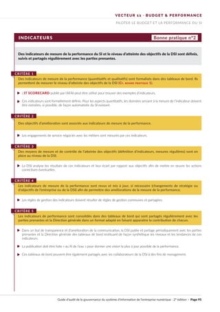 VECTEUR 11 · BUDGET & PERFORMANCE
PILOTER LE BUDGET ET LA PERFORMANCE DU SI
INDICATEURS Bonne pratique n°2
Des indicateurs de mesure de la performance du SI et le niveau d’atteinte des objectifs de la DSI sont définis,
suivis et partagés régulièrement avec les parties prenantes.
L’IT SCORECARD publié par l’AFAI peut être utilisé pour trouver des exemples d’indicateurs.
Ces indicateurs sont formellement définis. Pour les aspects quantitatifs, les données servant à la mesure de l’indicateur doivent
être extraites, si possible, de façon automatisée du SI existant.
Les engagements de service négociés avec les métiers sont mesurés par ces indicateurs.
La DSI analyse les résultats de ces indicateurs et leur écart par rapport aux objectifs afin de mettre en œuvre les actions
correctives éventuelles.
Les règles de gestion des indicateurs doivent résulter de règles de gestion communes et partagées.
Dans un but de transparence et d’amélioration de la communication, la DSI publie et partage périodiquement avec les parties
prenantes et la Direction générale des tableaux de bord restituant de façon synthétique les niveaux et les tendances de ces
indicateurs.
La publication doit être faite « au fil de l’eau » pour donner une vision la plus à jour possible de la performance.
Ces tableaux de bord peuvent être également partagés avec les collaborateurs de la DSI à des fins de management.
Des indicateurs de mesure de la performance (quantitatifs et qualitatifs) sont formalisés dans des tableaux de bord. Ils
permettent de mesurer le niveau d’atteinte des objectifs de la DSI (Cf. bonne pratique 1).
CRITÈRE 1
Des objectifs d’amélioration sont associés aux indicateurs de mesure de la performance.
CRITÈRE 2
Des moyens de mesure et de contrôle de l’atteinte des objectifs (définition d’indicateurs, mesures régulières) sont en
place au niveau de la DSI.
CRITÈRE 3
Les indicateurs de mesure de la performance sont revus et mis à jour, si nécessaire (changements de stratégie ou
d’objectifs de l’entreprise ou de la DSI) afin de permettre des améliorations de la mesure de la performance.
CRITÈRE 4
Les indicateurs de performance sont consolidés dans des tableaux de bord qui sont partagés régulièrement avec les
parties prenantes et la Direction générale dans un format adapté en faisant apparaitre la contribution de chacun.
CRITÈRE 5
Guide d’audit de la gouvernance du système d’information de l’entreprise numérique · 2° édition · Page 95
►
►
►
►
►
►
►
►
 