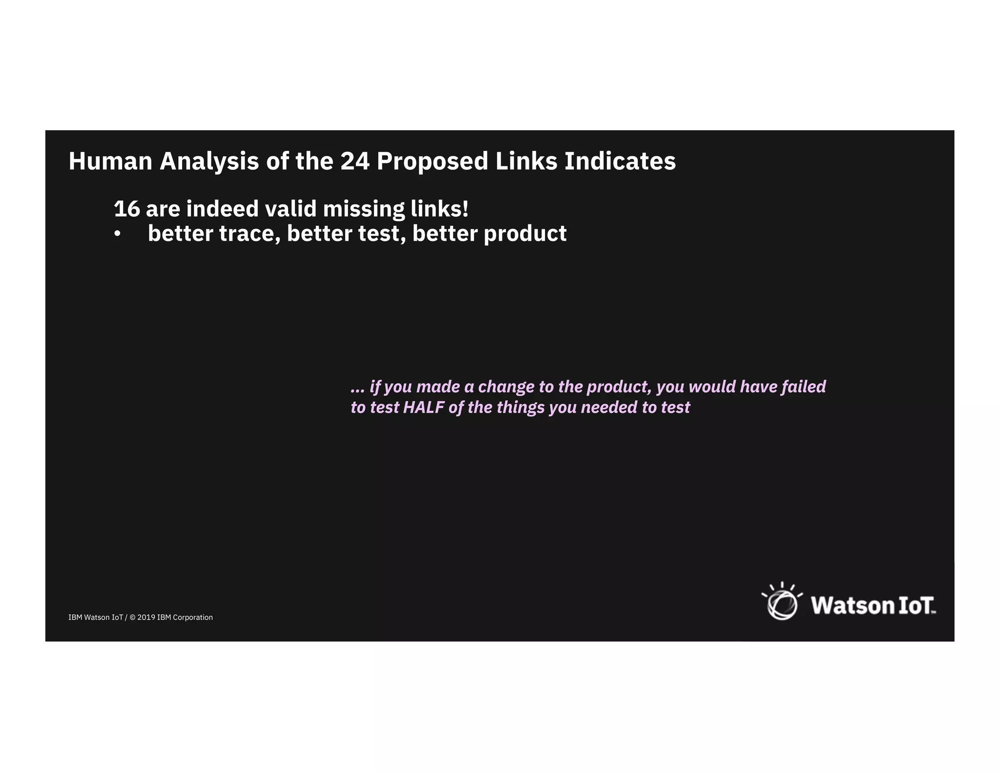 IBM Watson IoT / © 2019 IBM Corporation
16 are indeed valid missing links!
• better trace, better test, better product
Human Analysis of the 24 Proposed Links Indicates
… if you made a change to the product, you would have failed
to test HALF of the things you needed to test
 