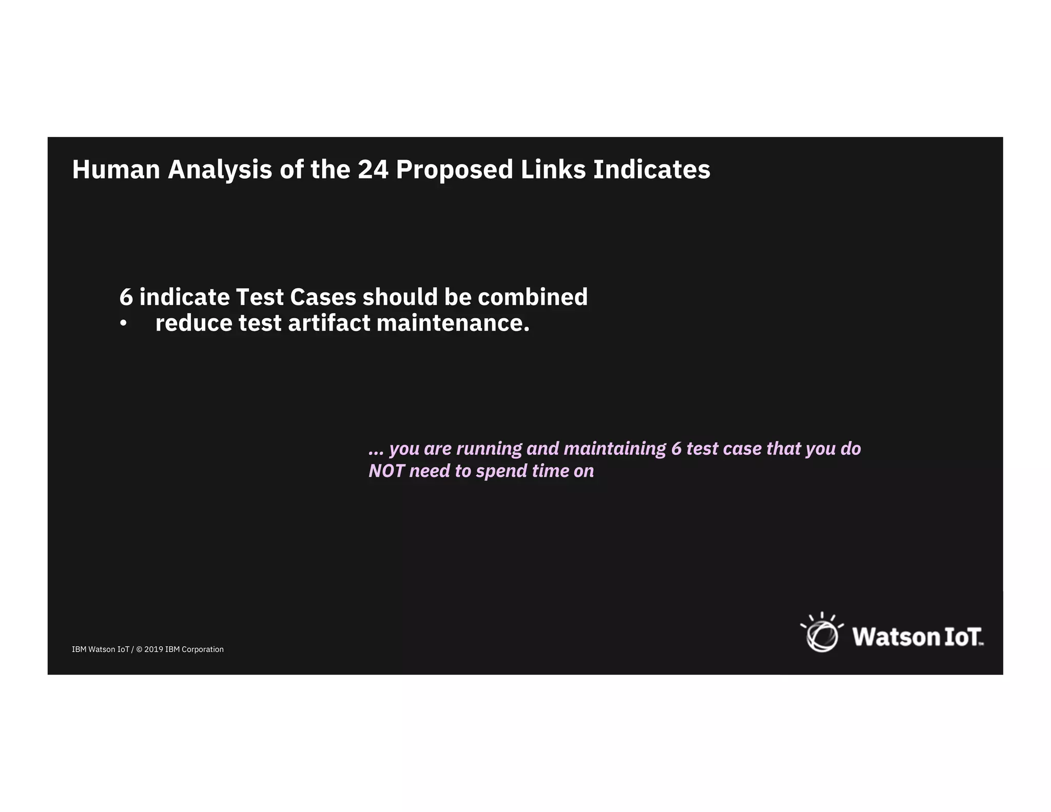 IBM Watson IoT / © 2019 IBM Corporation
6 indicate Test Cases should be combined
• reduce test artifact maintenance.
Human Analysis of the 24 Proposed Links Indicates
… you are running and maintaining 6 test case that you do
NOT need to spend time on
 