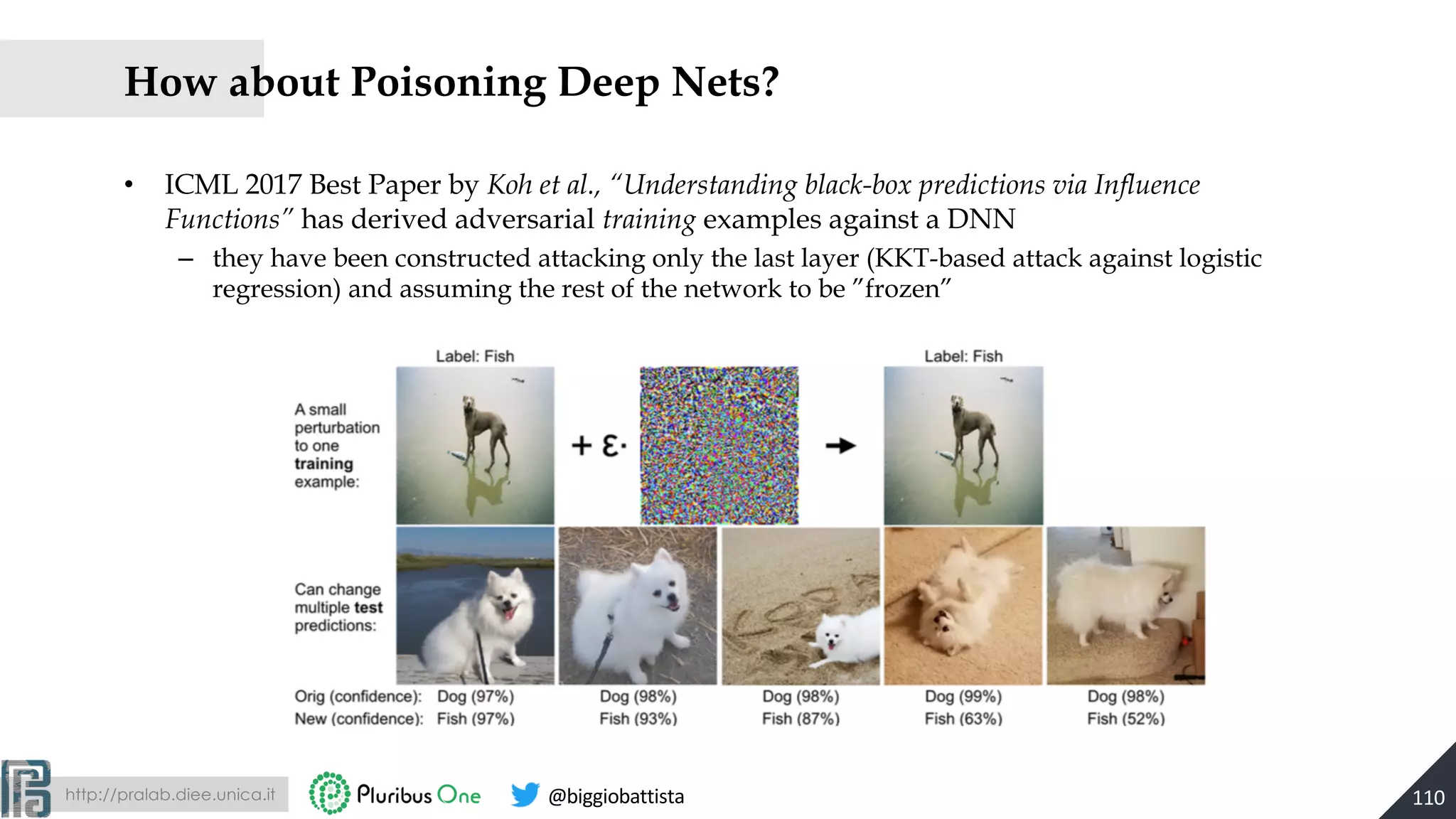 http://pralab.diee.unica.it @biggiobattista
How about Poisoning Deep Nets?
• ICML 2017 Best Paper by Koh et al., “Understanding black-box predictions via Influence
Functions” has derived adversarial training examples against a DNN
– they have been constructed attacking only the last layer (KKT-based attack against logistic
regression) and assuming the rest of the network to be ”frozen”
110
 
