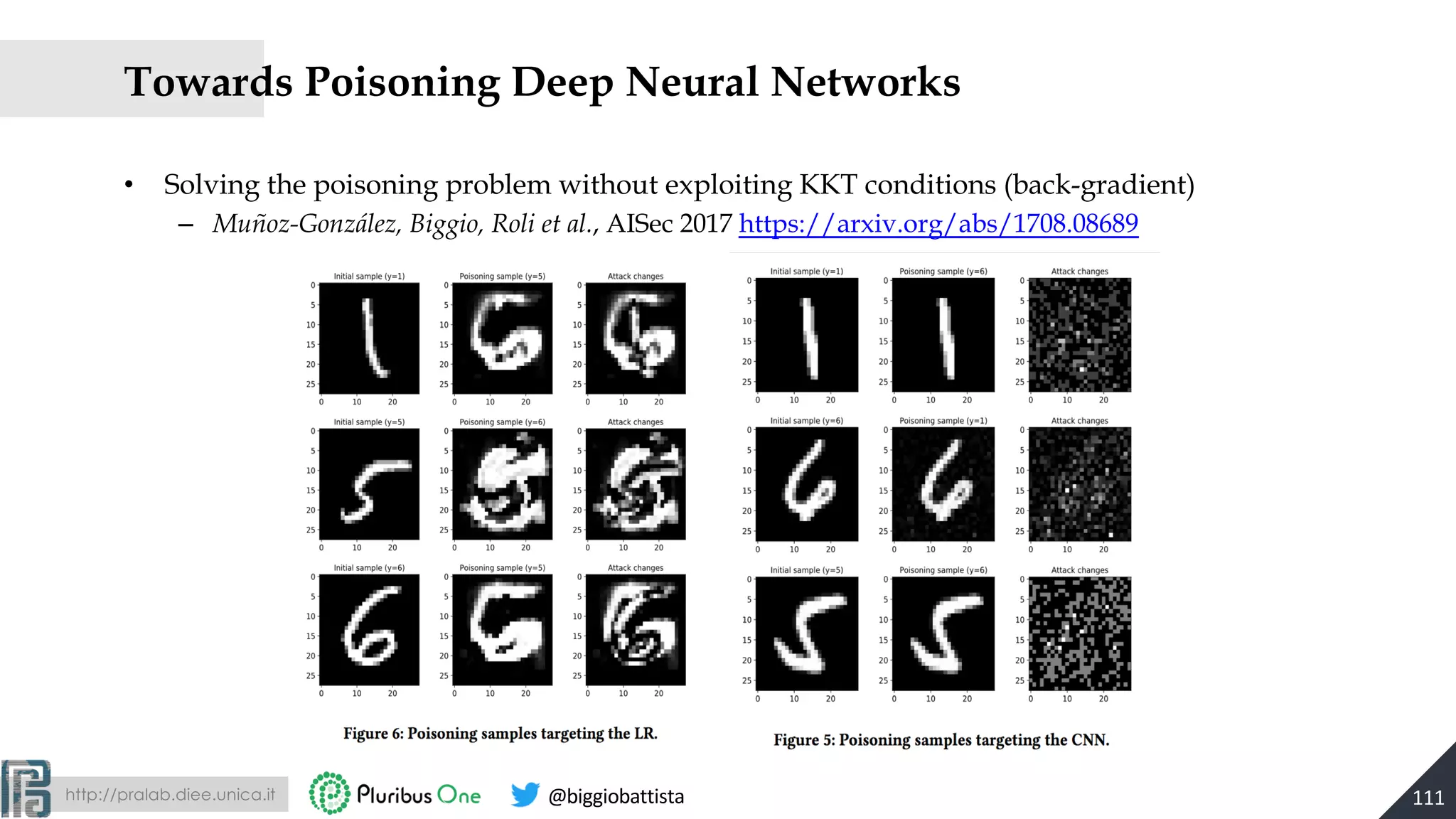 http://pralab.diee.unica.it @biggiobattista
Towards Poisoning Deep Neural Networks
• Solving the poisoning problem without exploiting KKT conditions (back-gradient)
– Muñoz-González, Biggio, Roli et al., AISec 2017 https://arxiv.org/abs/1708.08689
111
 